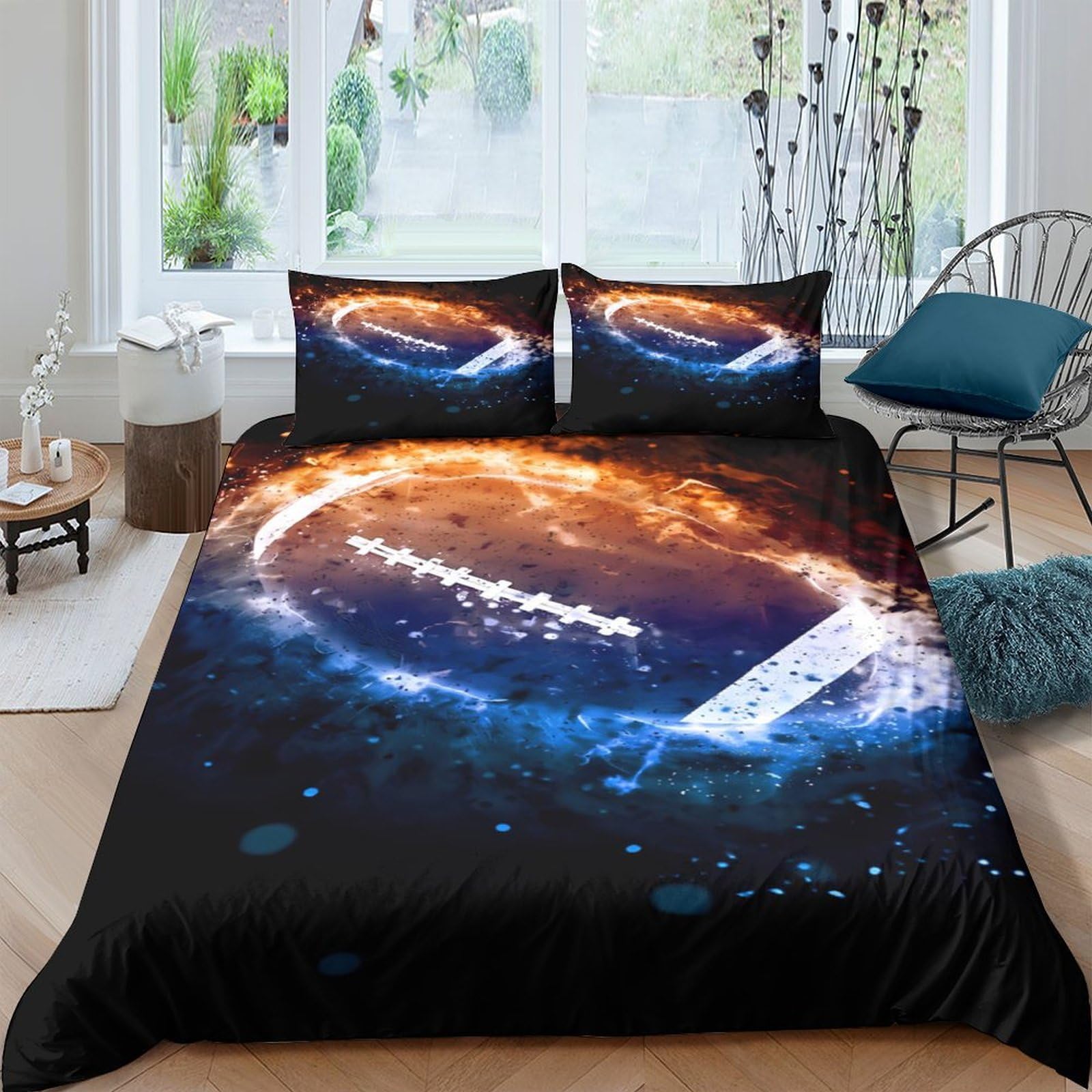Ctjqhvkz Style-1 3D Printed Fiery Football Fitted Sheet Microfiber Soft Anti-Slip Sports Planet Mattress Cover For Bedroom Dorm Decor Single（135X200cm）