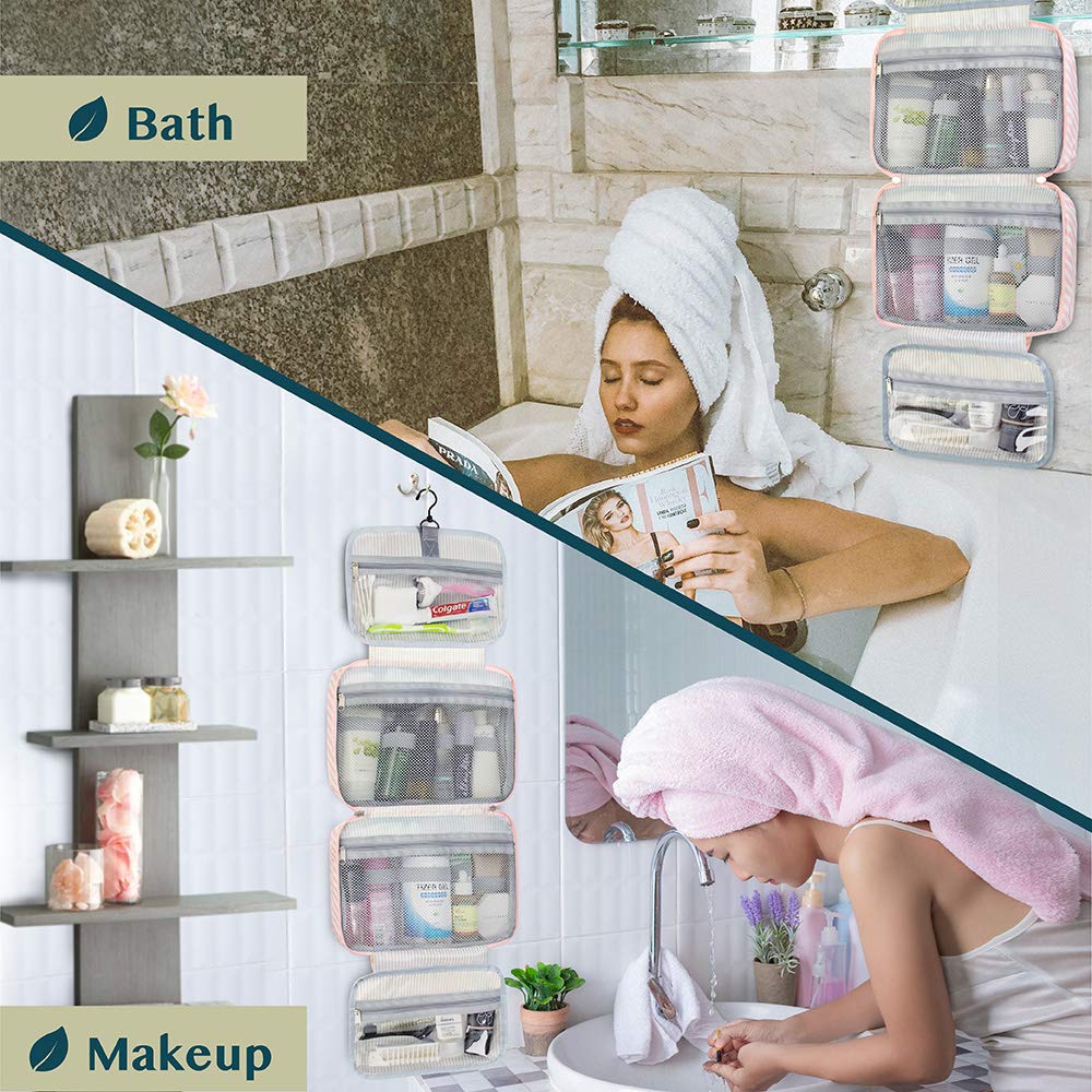 PAVILIA Neceser colgante de viaje para mujeres y hombres, organizador de cosméticos plegable, resistente al agua, accesorios de tocador, kit de artículos de tocador grande, Raya rosa, Talla única