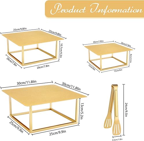 Miniatura 4 de Dualshine Juego de 3 soportes cuadrados dorados para tartas, 8, 10, 12 pulgadas, elegantes soportes para pasteles de boda y mesa de postres,