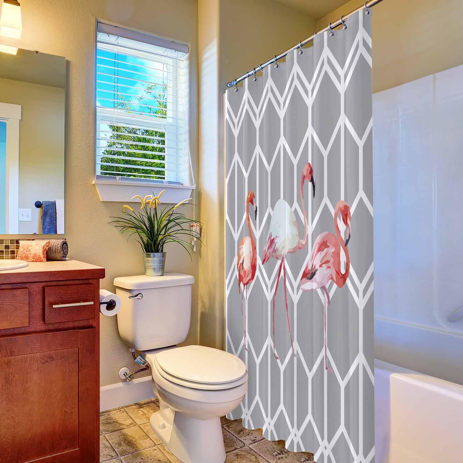 Woutay Shower Curtain Water Repellant Fabric Watercolor Pink Flame Bird,Mould Proof Resistant,Polyester,with 12 Plastic Hooks - Image 4