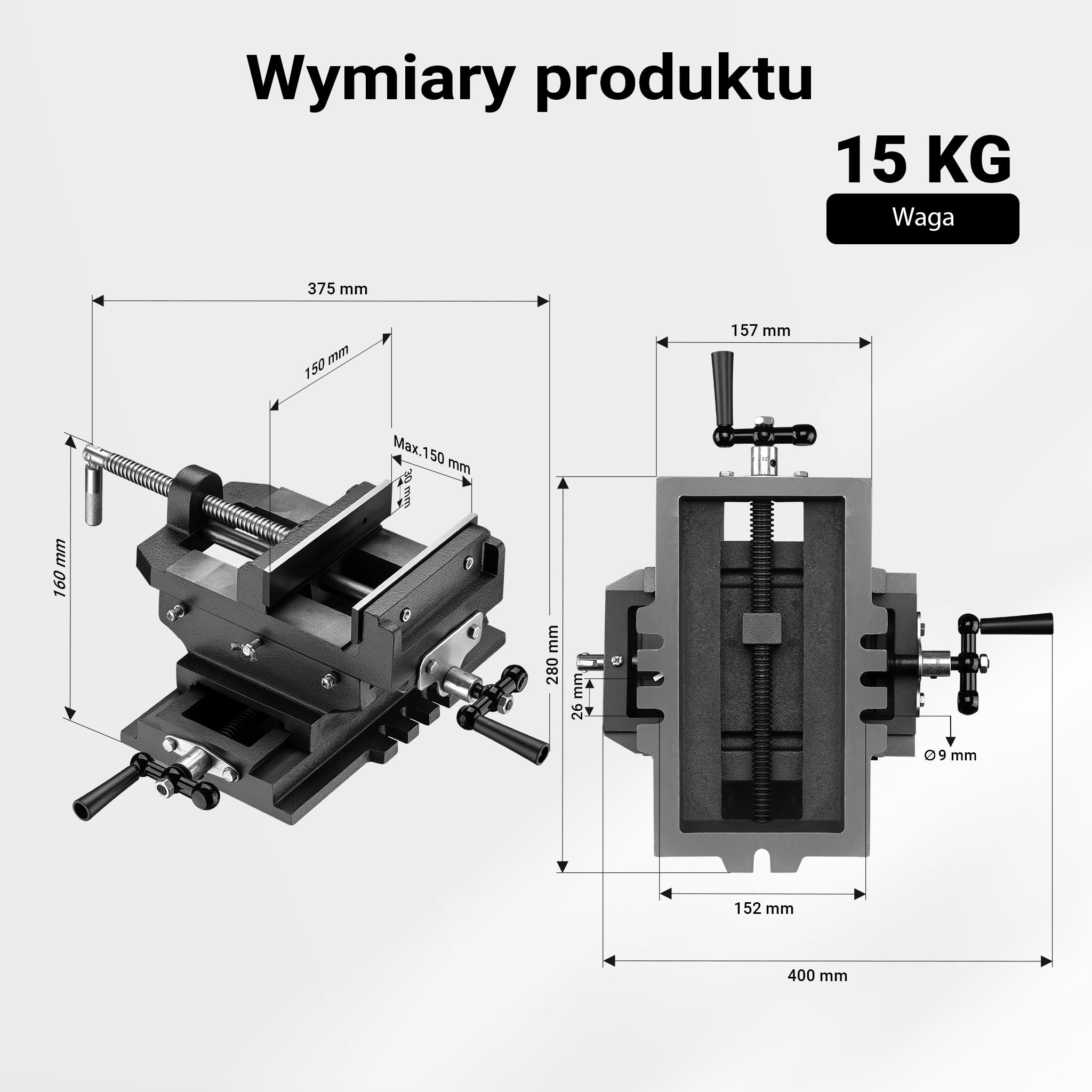 Wiltec Imadło maszynowe krzyżowe szczęki 150 mm dwukierunkowe z żeliwa, na wiertarki stołowe do frezarki, przesuwne XY