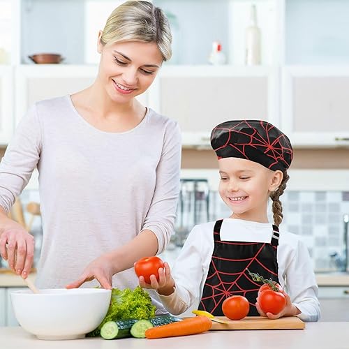 Miniatura 5 de Juego de delantales, sombrero de chef y delantal de Halloween con diseño de araña roja y telaraña (3-12 años)