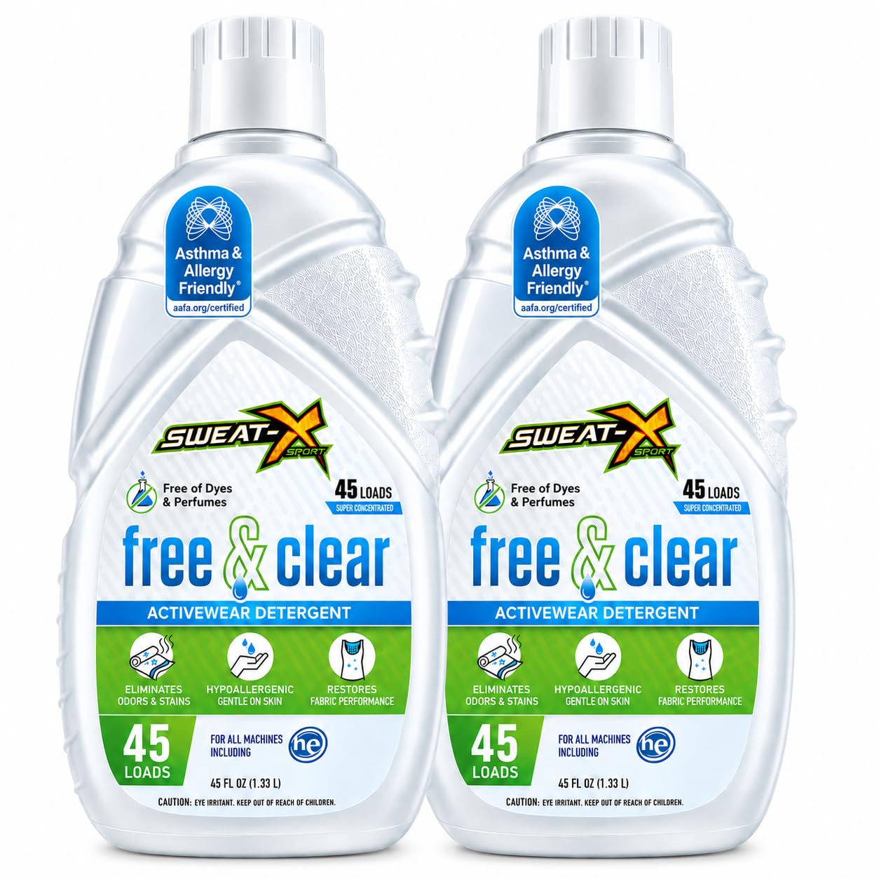 Sweat X Sport Free & Clear Active ewear Detergente – Certificado Asma & Allergy Friendly® – Hipoalergénico – para ropa deportiva y uso diario, 90 cargas (2 paquetes de 45 botellas de carga)