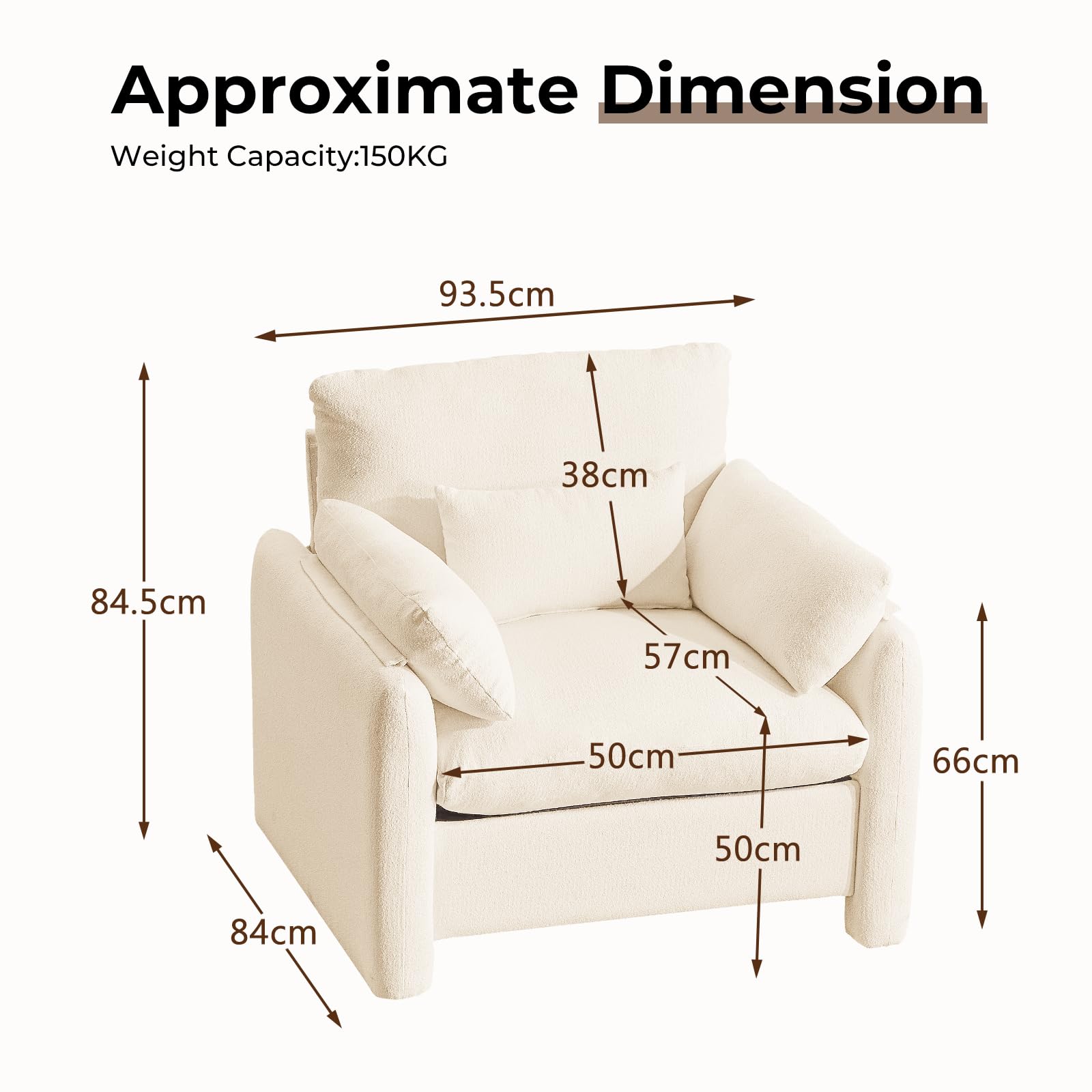 Extra-Grand Poltrona Salotto, 93.5cm Divano Singolo Poltrone Camera da Letto con Braccioli Rimovibili e Cuscino, Poltrona Imbottita Relax per Salotto Soggiorno Camera da Letto, Beige