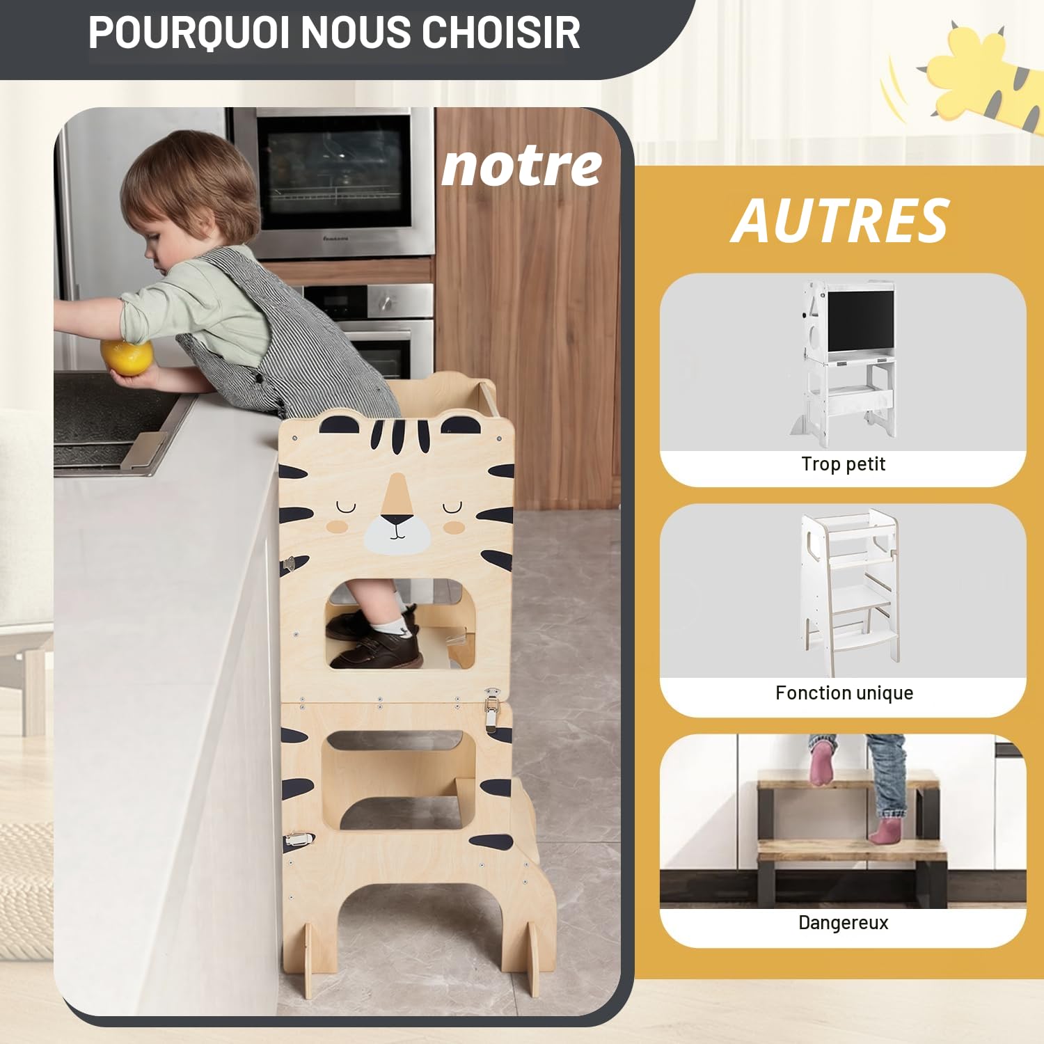 Labebe Tour d'Observation Enfant Pliable Montessori Learning Tower 3 en 1 avec Tableau à Dessin - Tigre