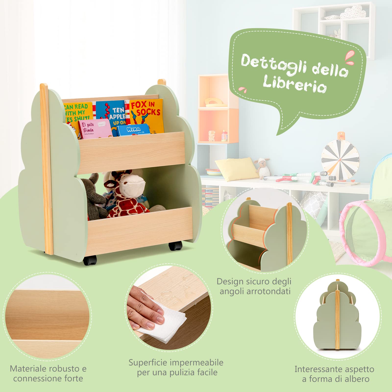 RELAX4LIFE Libreria per Bambini con Ruote, Carrello Porta Libri e Giocattoli in Legno, Libreria Scaffale a 2 Ripiani per Camerette e Asili, 46 x 52 x 63 cm (Verde, Albero)