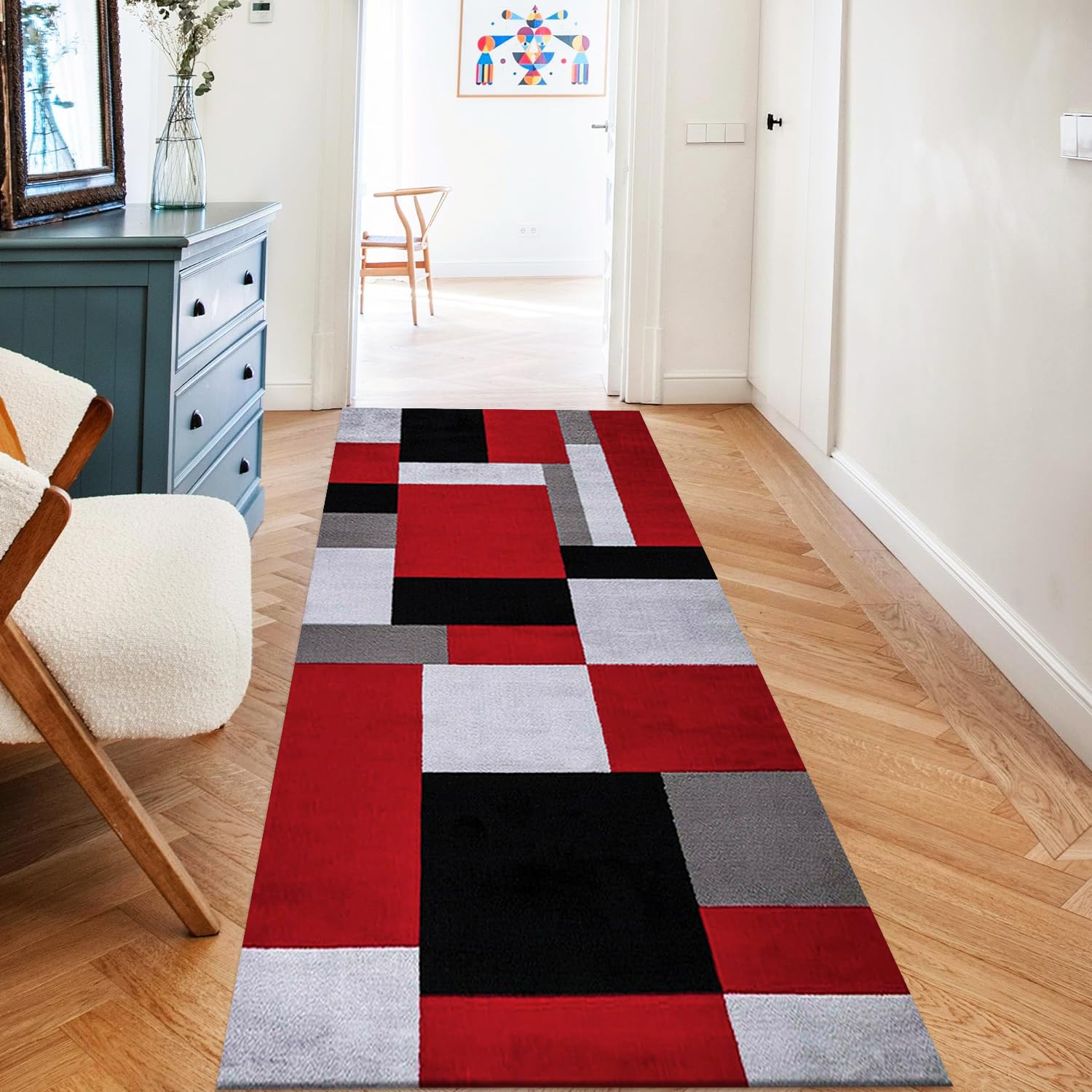 Rugs Inn Kilas Runner– Soft Solid Bright Color Geometric Non-Shed Low Pile Distressed Washable Large Runner Rug for Hallway Hall Bedroom Living Room (80 x 150 cm, Red Black)