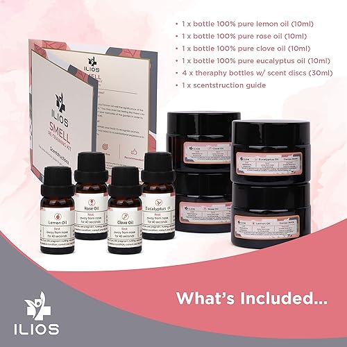 Miniatura 3 de Ilios Kit de entrenamiento olfativo de olor, 4 aceites esenciales, aromaterapia estimulante natural para pérdida de sentidos con limón, clavo, rosa,