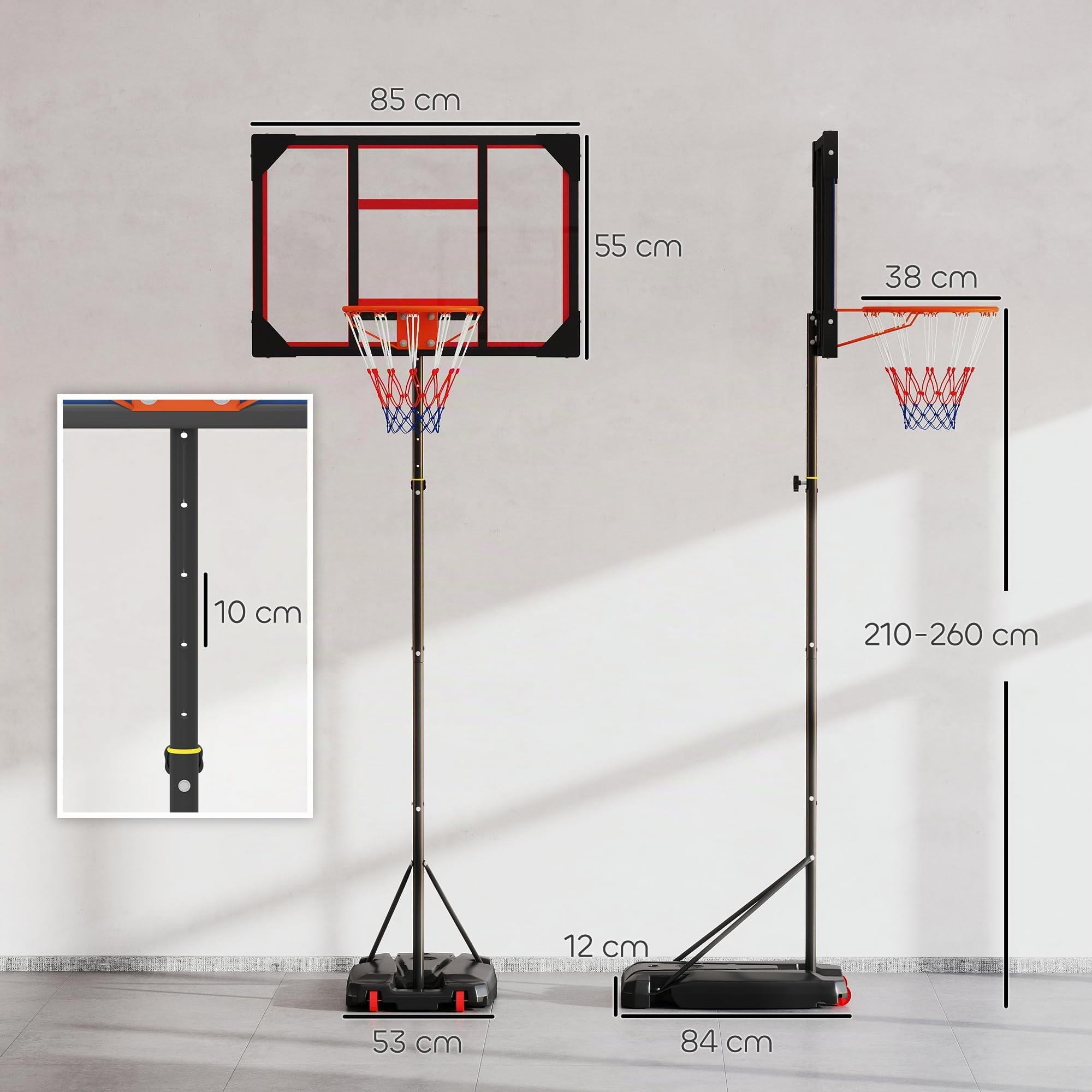 Canestro da esterno per bambini AIYAPLAY, supporto per pallacanestro regolabile in altezza da 210 a 260 cm con ruote, sistema di pallacanestro con supporto per bambini a partire dai 6 anni, rosso