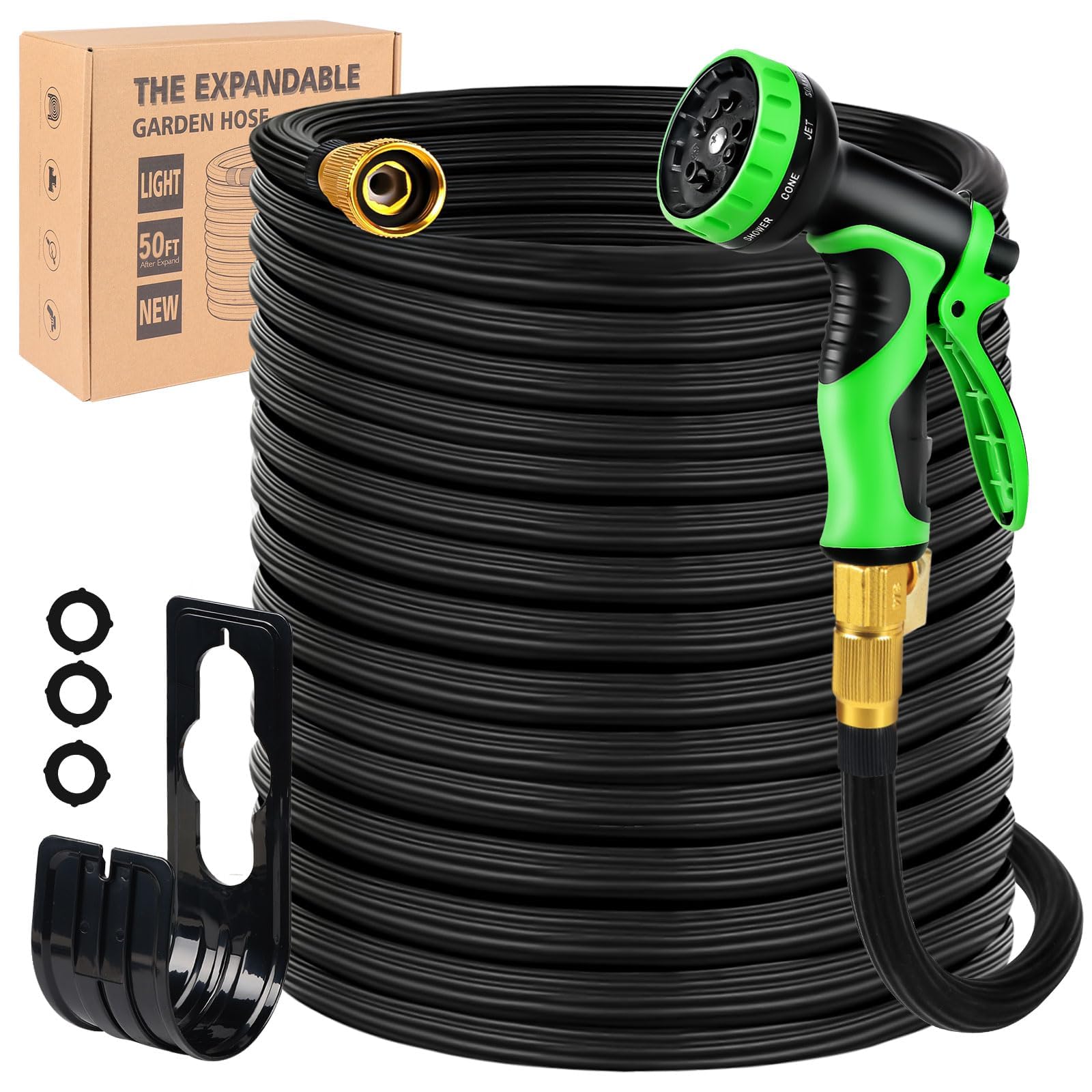Expandable Garden Hose 50ft Leak-proof 40 Layers of Innovative Nano Rubber, Lightweight No-kink Flexible Water Pipe with 10 Pattern Nozzle 3/4” Solid Brass Connector Water Hose Black