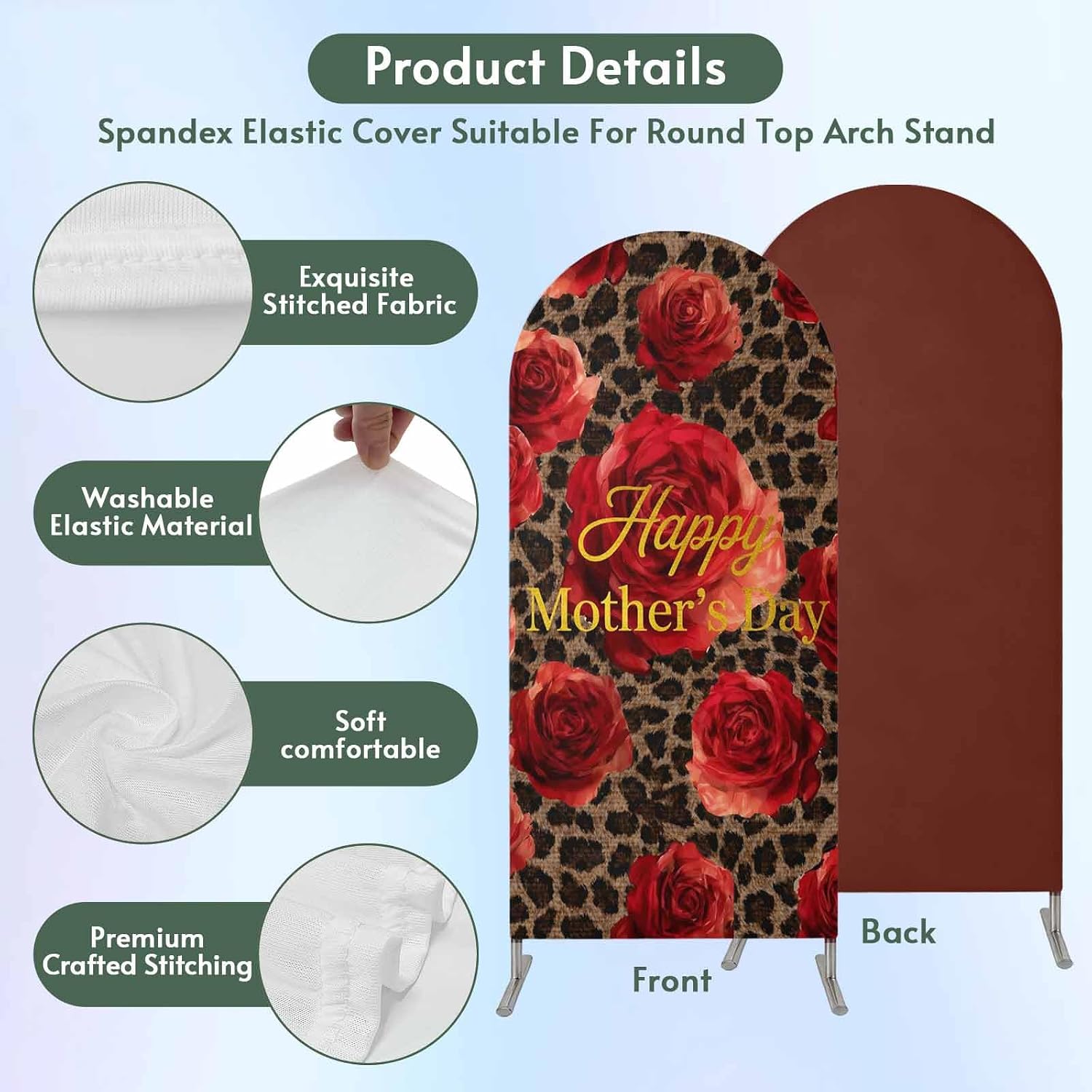 7.2FT Arch Backdrop Covers, Red Roses Leopard Wedding Arch Cover Stretchy, Happy Mother's Day Chiara Arches Backdrop Stand Covers for Birthday Baby Shower Party Banquet Decor