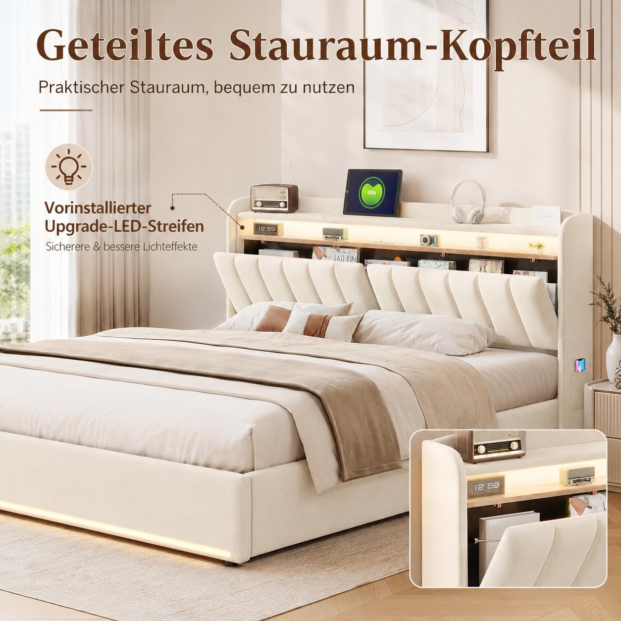 CDQL Polsterbett Doppelbett 140x200 cm mit Typ-C- und USB-Anschluss, Kopfteil mit Offenen Regalen und Verstecktem Stauraum, Bettgestell mit Lattenrost, LED-Bett, Samt, Beige