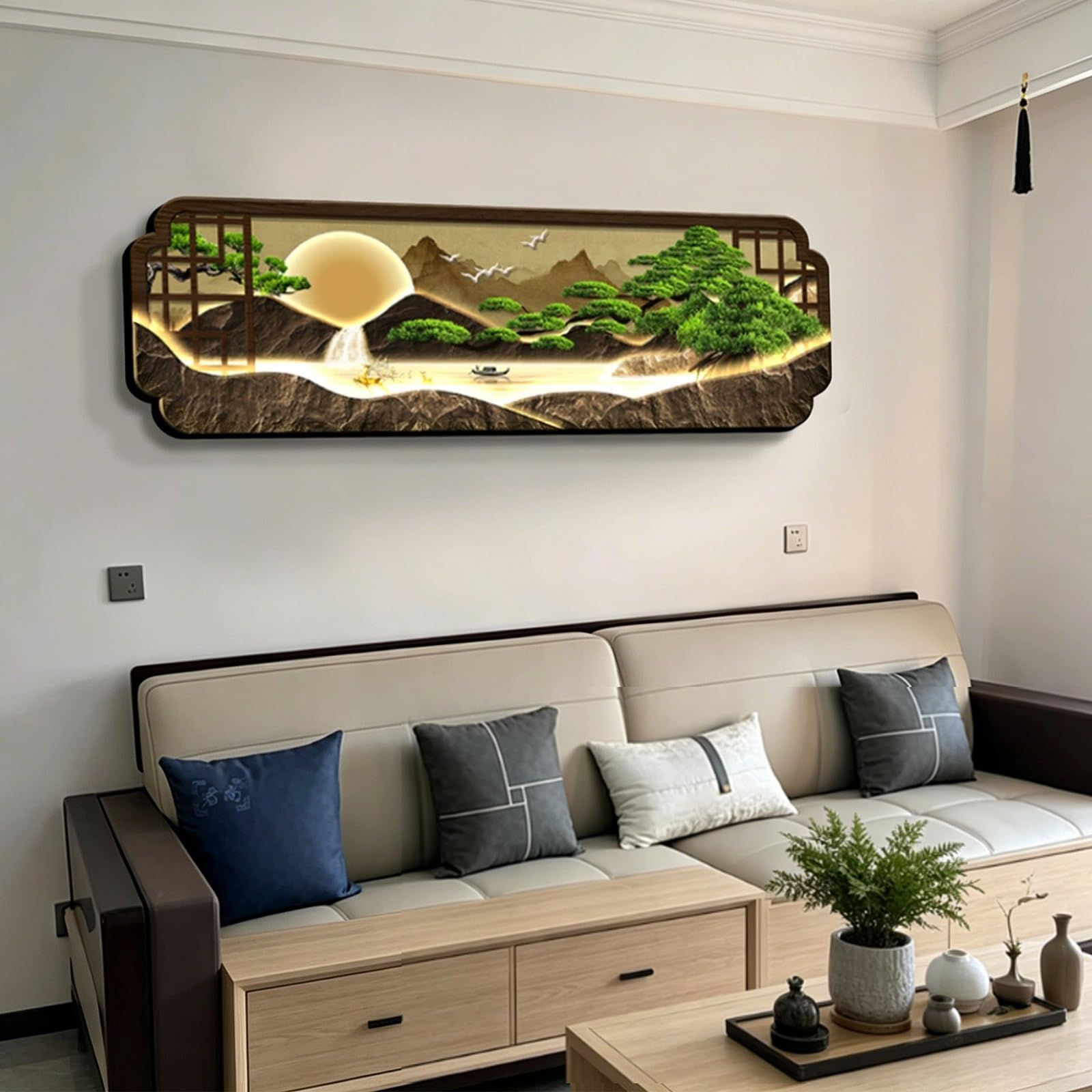 VOLDAX Arte de Pared 3D con Luces, Pintura Cuadros Decorativos Colgante 3D, Moderna Y Sencilla, Para Sala De Estar, Entrada(Brown D,100 * 33cm/39.4 * 13in)