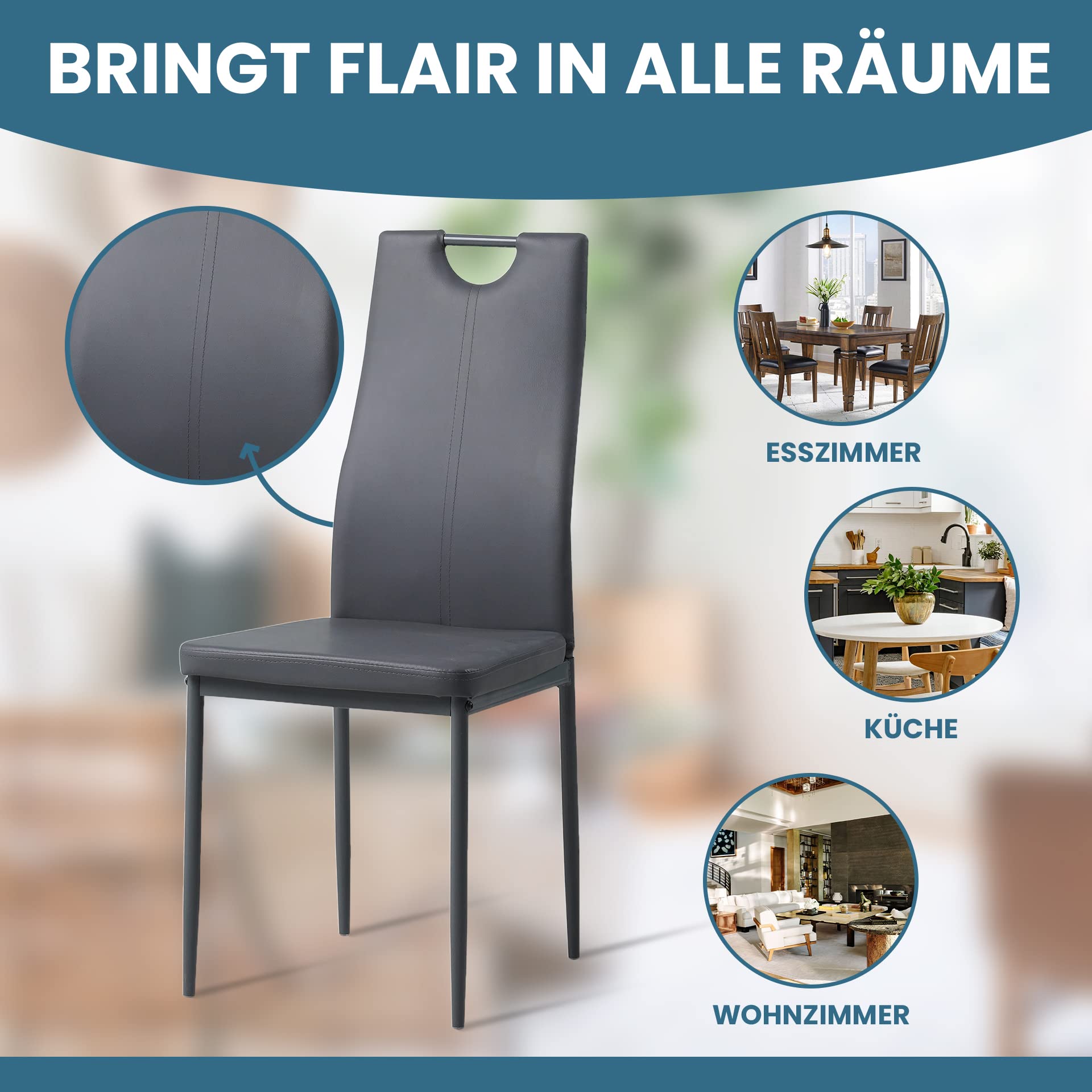 ALBATROS Esszimmerstühle 4er Set Salerno, Grau - Edles Italienisches Design, Kunstleder-Bezug, bequemer Polsterstuhl - Moderner Küchenstuhl, Stuhl Esszimmer oder Esstisch Stuhl