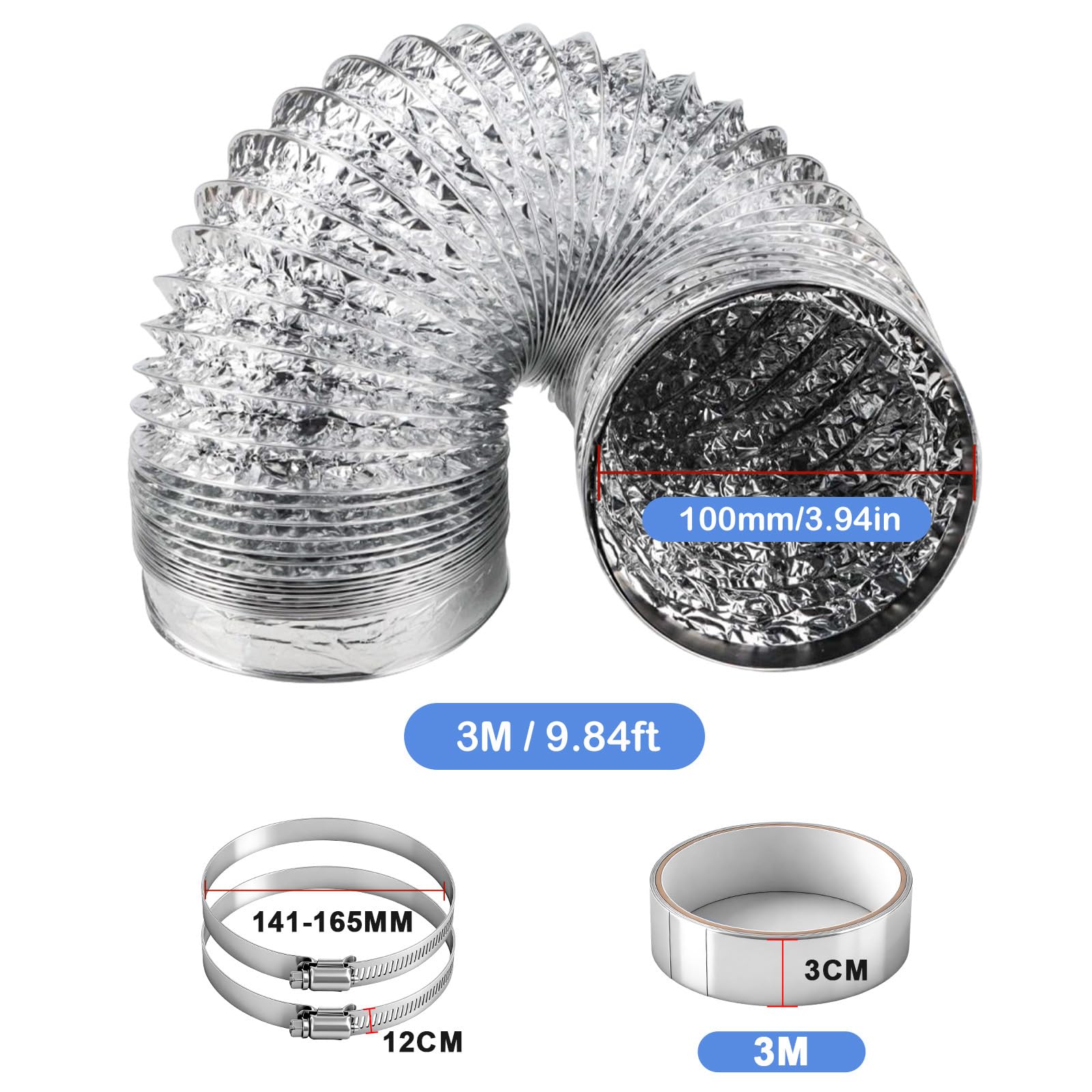 Tuyau d'évacuation de 100 mm de long - Longueur : 3 m - Tuyau d'air chaud - 100 mm - Avec 2 colliers de serrage en acier inoxydable et 1 bande en aluminium pour hotte aspirante - 2
