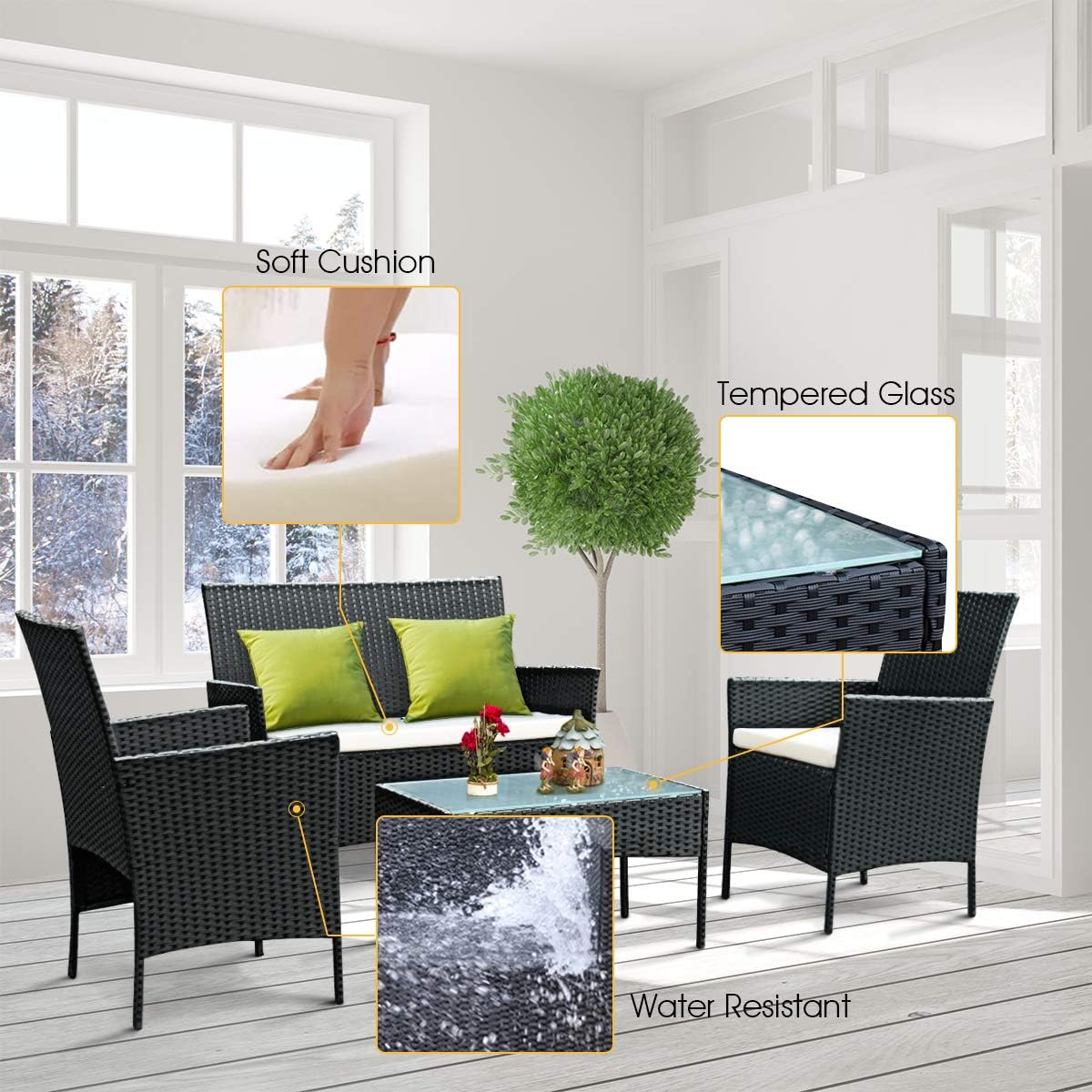 Casart 4 PCS Rattan Furniture Set, Patio Wicker Set with Glass Top Coffee Table and Removable Cushions, Great for Garden, Lawn and Poolside