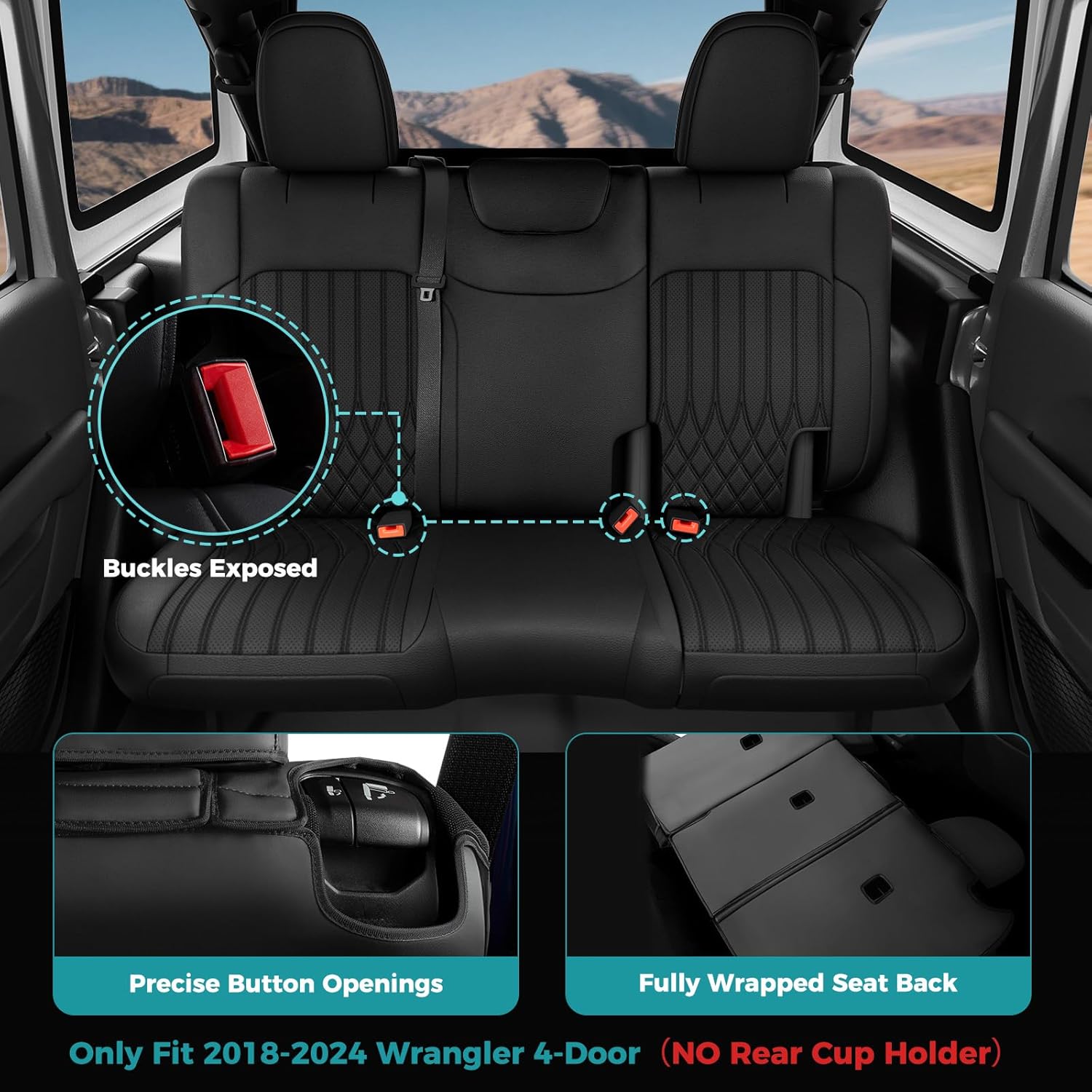for Jeep Wrangler Seat Covers 4 Door JL 2026 2025 2024 2023 2022 2021 2020 2019 2018 Custom Seat Cover Full Set Faux Leather Without Rear Cup Holder - Black
