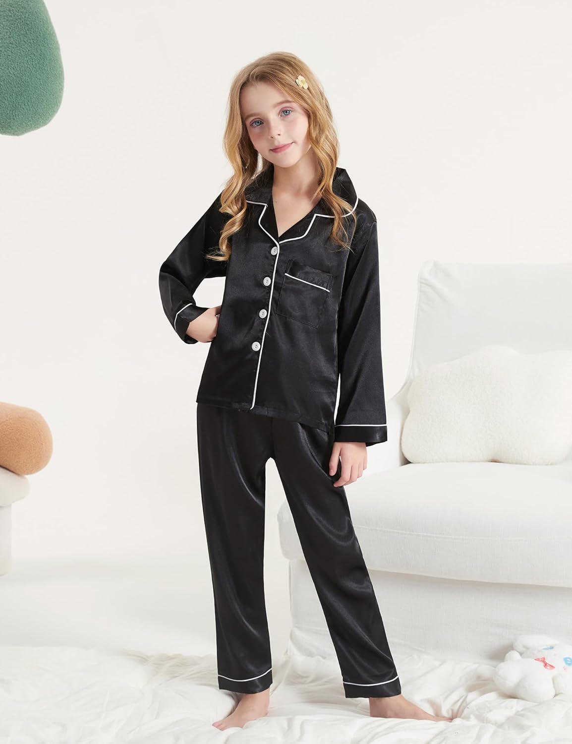 DIPUG Girls Pajamas Satin Long Sleeve Sleepwear Set Silky Feel Pjs for Kids Ages 4 to 13 - Image 2