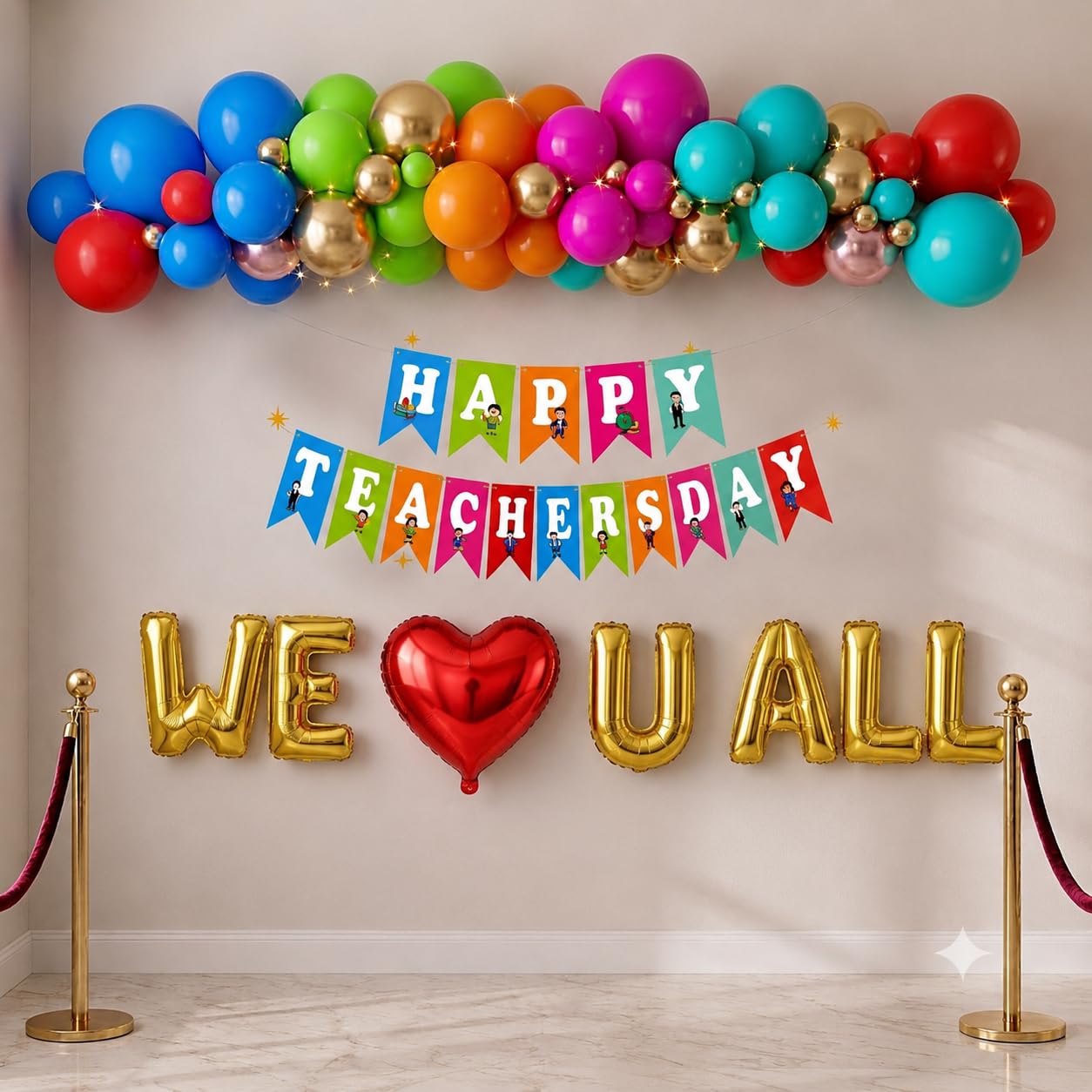 Happy Teachers Day Decoration Kit with Balloon (Banner with WE LOVE U ALL) | Multicolour Balloons, Bunting Banner, Party Decor Set, Chrome Gold Finish, Classroom Celebration-image-8