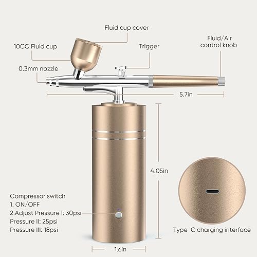 Miniatura 18 de Kit de aerógrafo con compresor 30PSI pistola de aerógrafo portátil recargable de mano inalámbrico cepillo de aire para uñas, arte, pintura, Negro