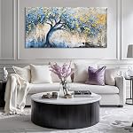 Wall Art Tree of blue Life Abstract Canvas Painting Textured Picture, Modern Landscape Artwork Framed for Living Room Bedroom Bathroom Office Home Decor 20"x40"(50CMx100CM)