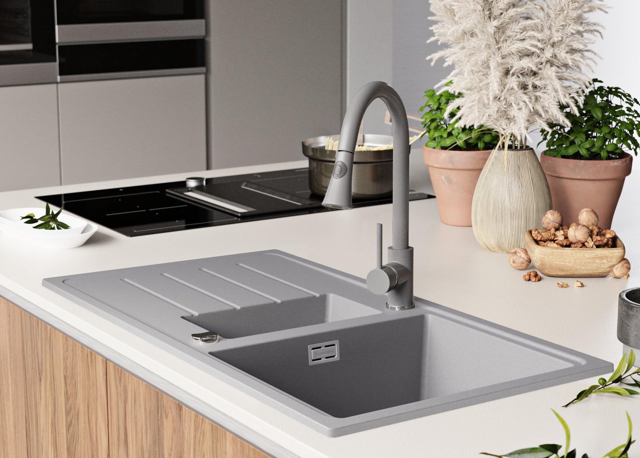 PRIMAGRAN Evier Cuisine en Granit Gris 90x50cm, Lavabo 1,5 bacs + Robinet 32x20cm + Kit de Vidage, Évier à Encastrer au Meuble 60cm - Copenhague Duo S015