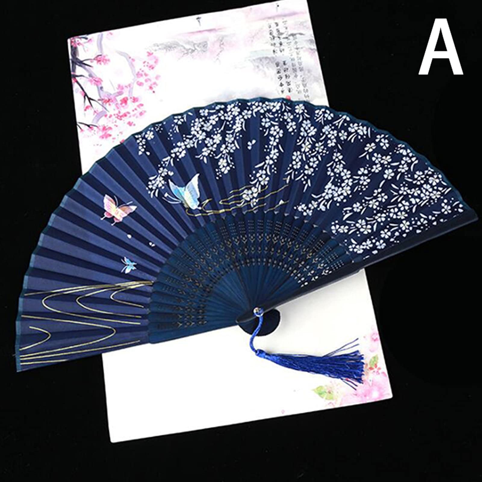 LKLNKVL folding fan, Folding Hand Fan - Chinese Style Pattern Dance Wedding Party Lace Silk Held Flower Girl Women Photo Prop Tool Art Craf Decorative(A)