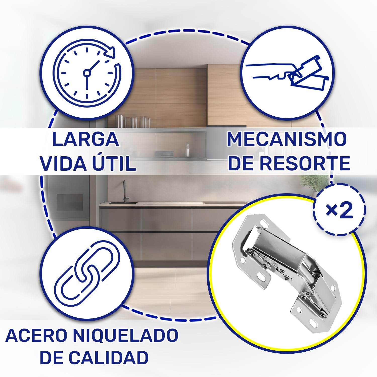 2 Piezas Bisagras Puertas Cocina con Ángulo de Apertura de 90° - Bisagras Muebles Cocina con Muelle de Presión está Fabricada en Acero Niquelado – Garantía de 10 Años - MONTERAL