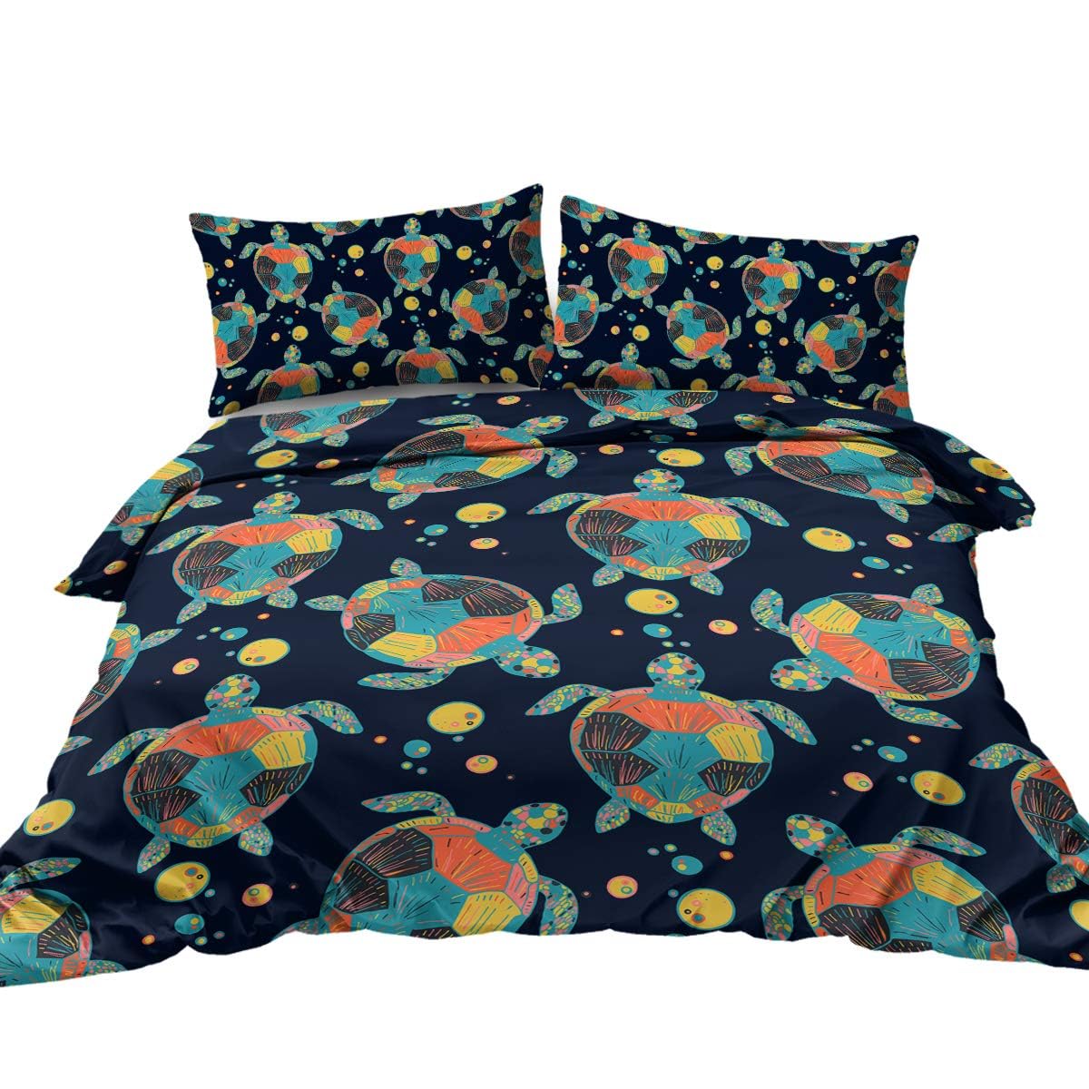 BlessLiving Turtle Bedding Teal Orange Turtle Duvet Cover Set Watercolor Marine Ocean Bedding Sets 1 Duvet Cover 2 Pillowcases (Double)
