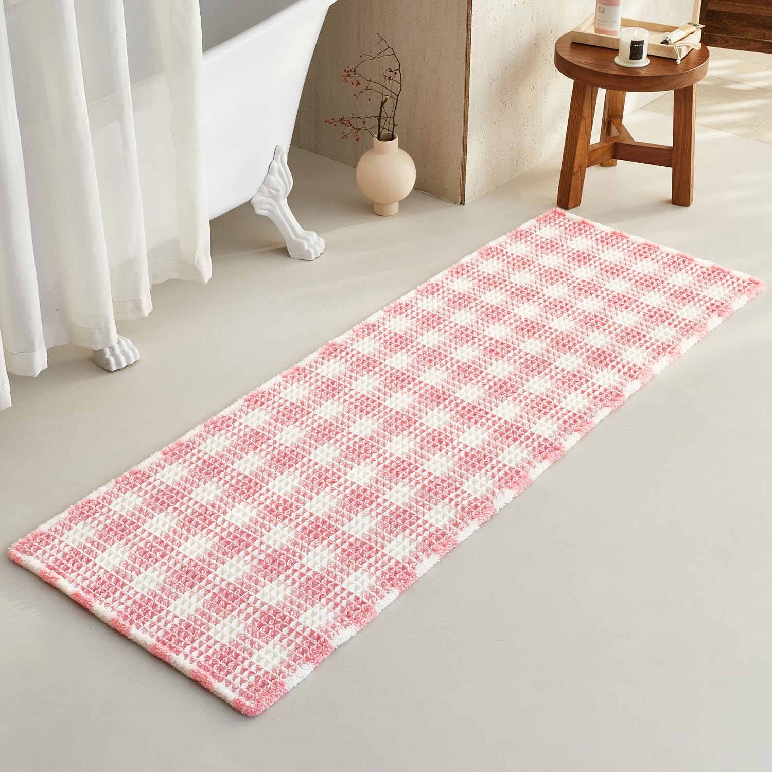 TYUU Waffle Runner Rug Bathroom, Long Boho Bathroom Rugs Non Slip Washable Absorbent Checkered Bathroom Mat Quick Dry Cute Bath Mat, 60"x24" Pink and
