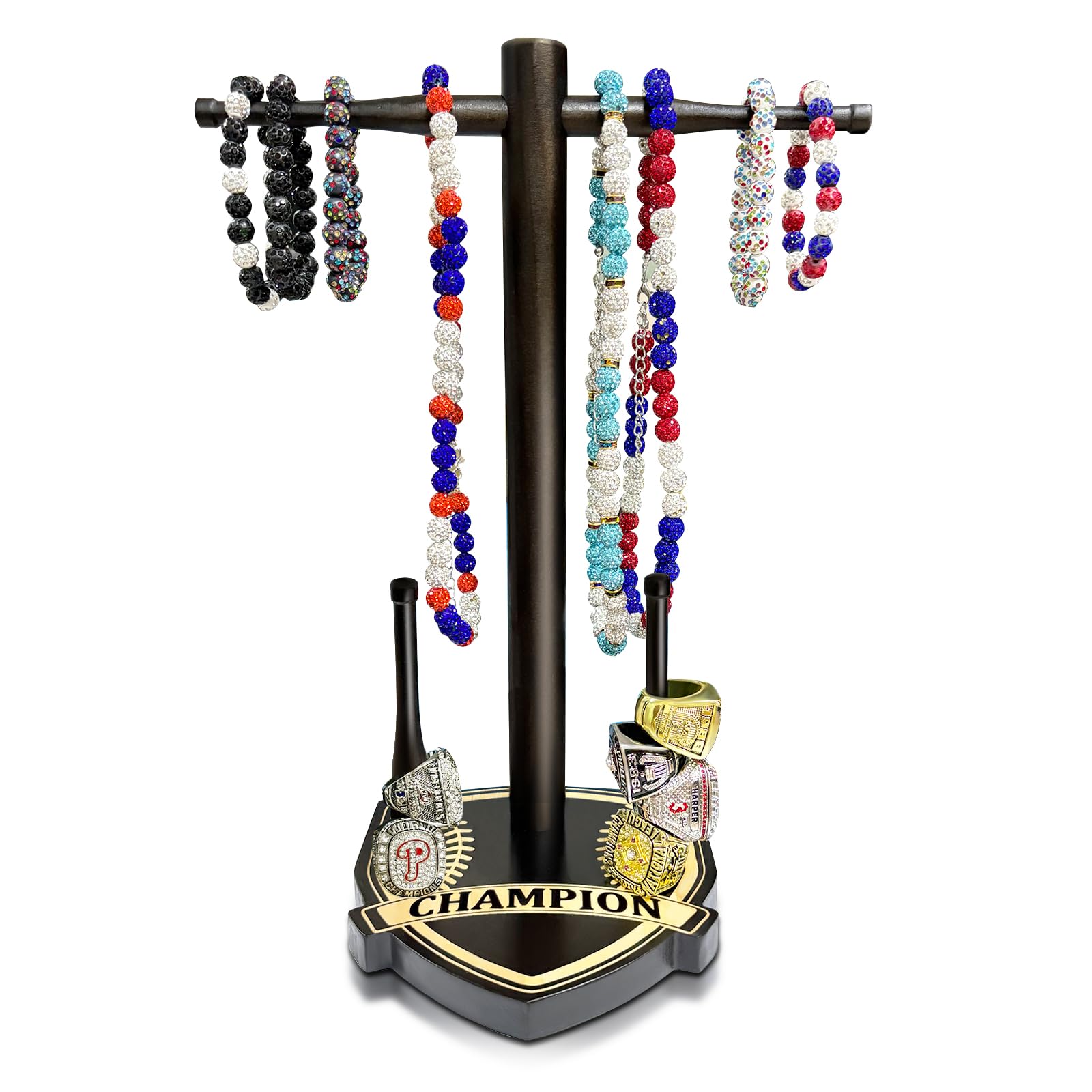 Baseball and Softball Necklace Ring Display Holder, Wooden Drip Necklace Organizer Holder - Championship Ring Rack for Baseball Necklaces, Sports Rings and Memorabilia, Baseball Gifts for Athletes
