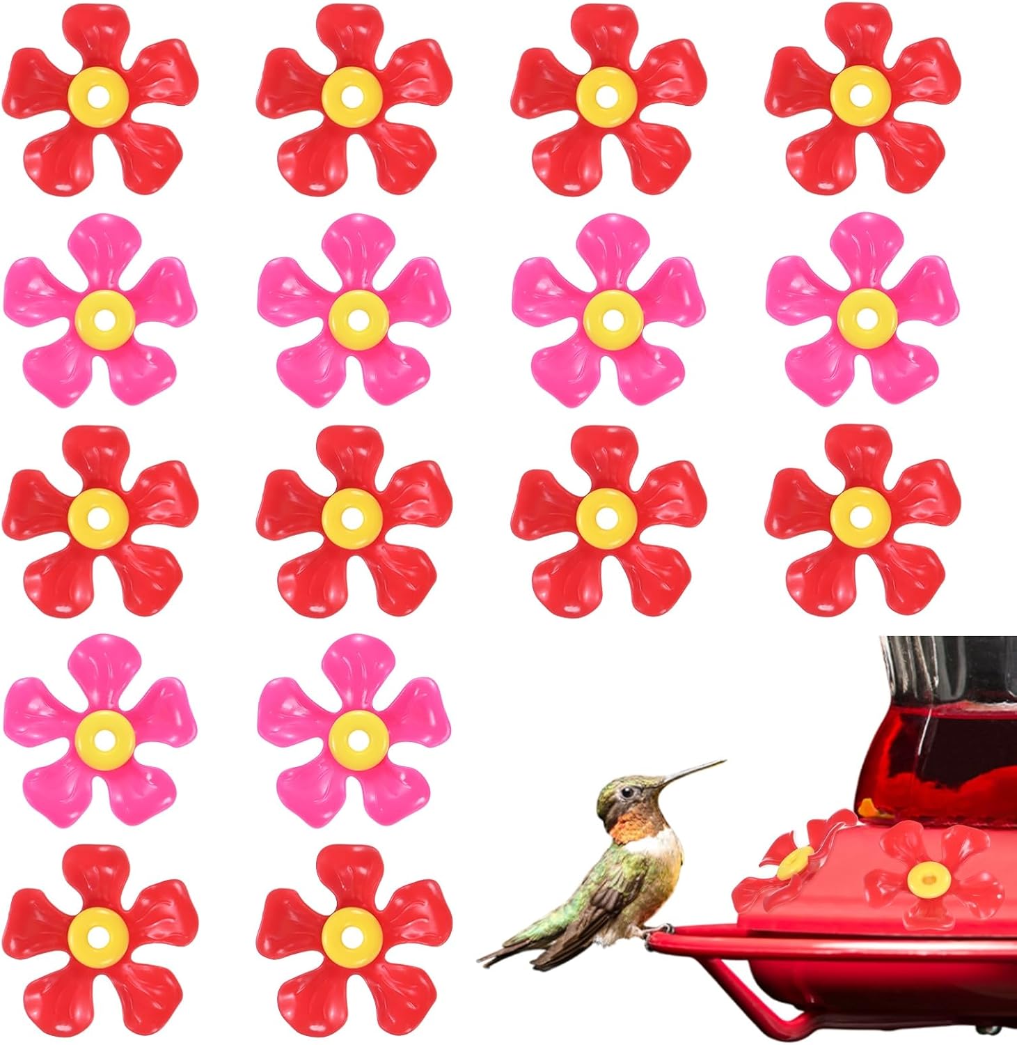 M METERXITY 24-Pack Hummingbird Feeder Replacement Flowers, Plastic Pet Hummingbird Feeding Parts Feeding Ports for Outdoor Hanging Feeders, Bees Guards [Red, Rose Red]