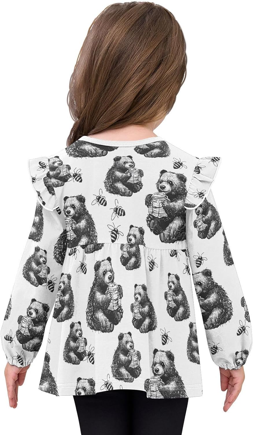 visesunny Toddler Clothes for Girls Black White Bear Honey Long Sleeve Fall Shirts Cotton Top with Ruffle Collar