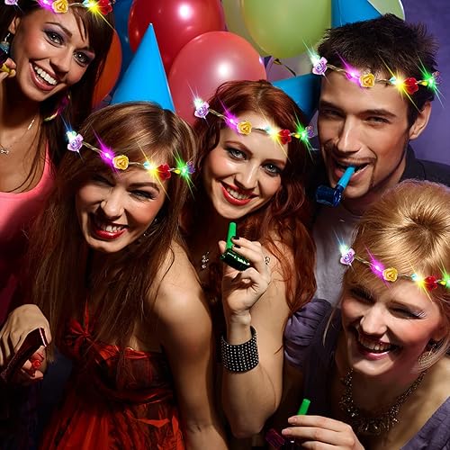 Miniatura 6 de PTHTECHUS Paquete de 12 diademas de flores LED, corona de Halloween que brilla en la oscuridad, suministros de fiesta, tocado de corona para hombres