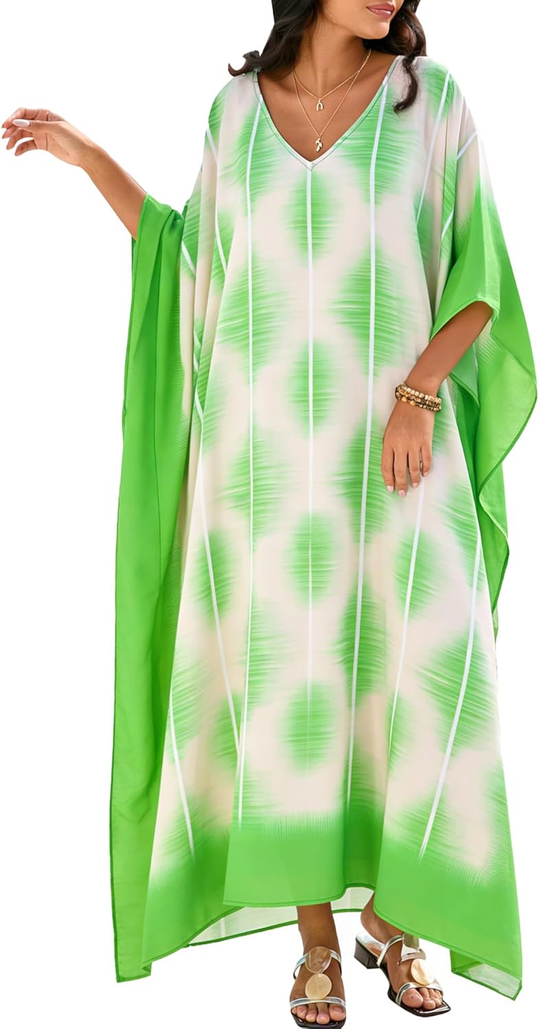 Moss Rose Women Caftan Dress V Neck Batwing Sleeve Floral Print Beach Swimsuit Coverup Moo Moos Loungewear Plus Size