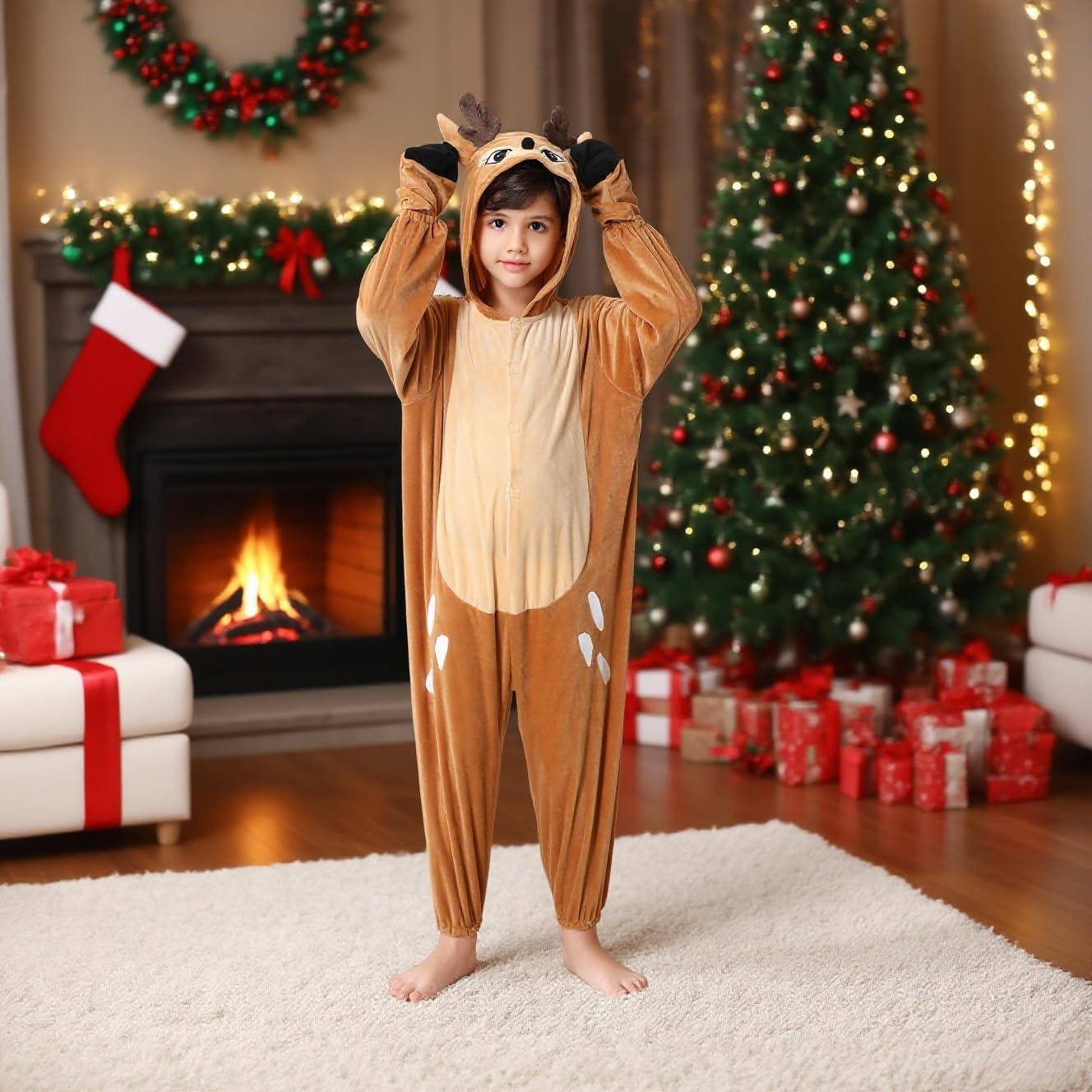 Christmas Reindeer Costume for Kids, Deer Animal One-Piece Cosplay with Gloves Halloween Birthday Party - Image 7