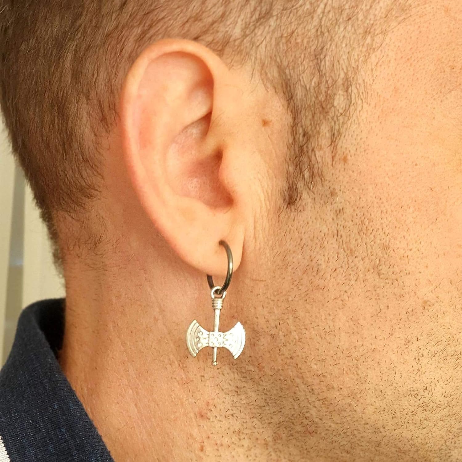 Double Axe Drop Earring - Mens Earring, Minoan Labrys Earring Axe Dangle Earring, Black Mens Earring Single Earring Pendant Earring, Vikings Jewelry