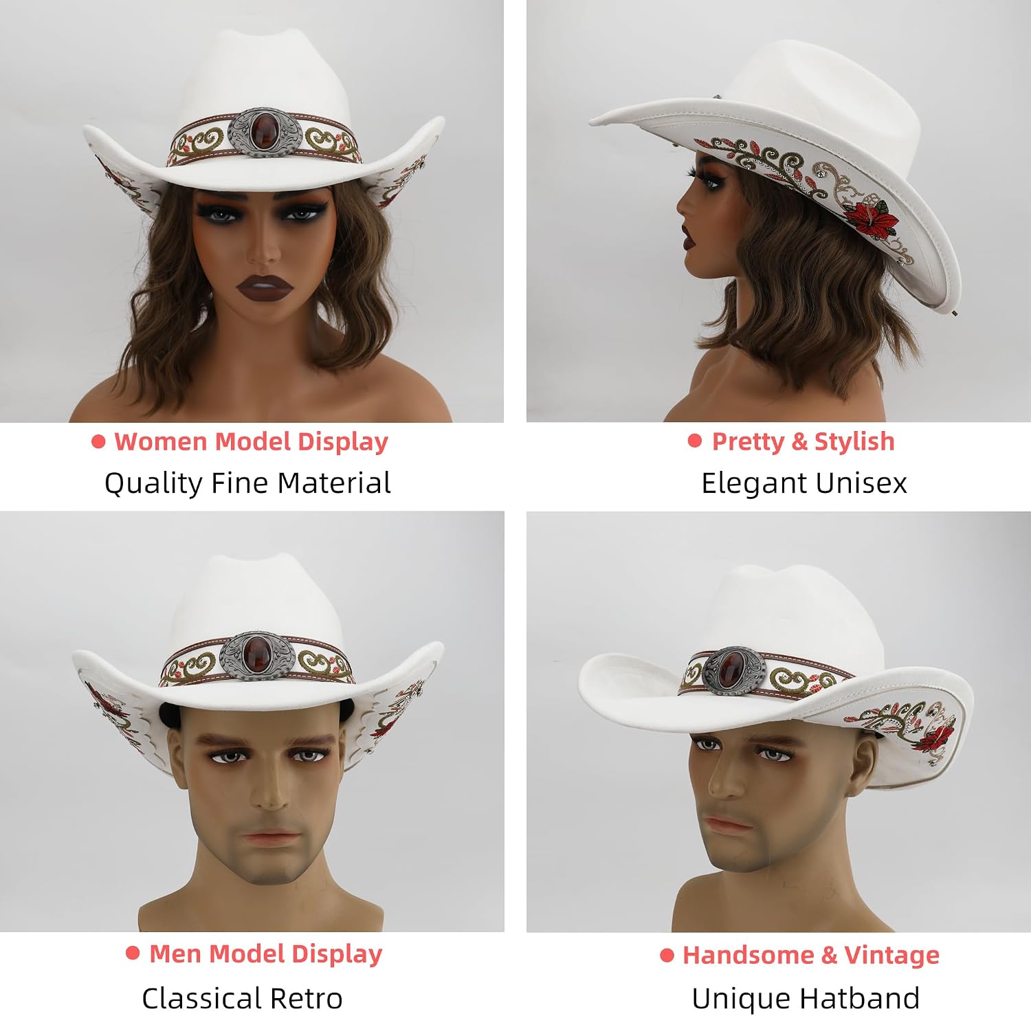 Western Cowboy Hat for Men and Women, Shapeable Big Wide Brim Cowgirl Hat with Embroidery