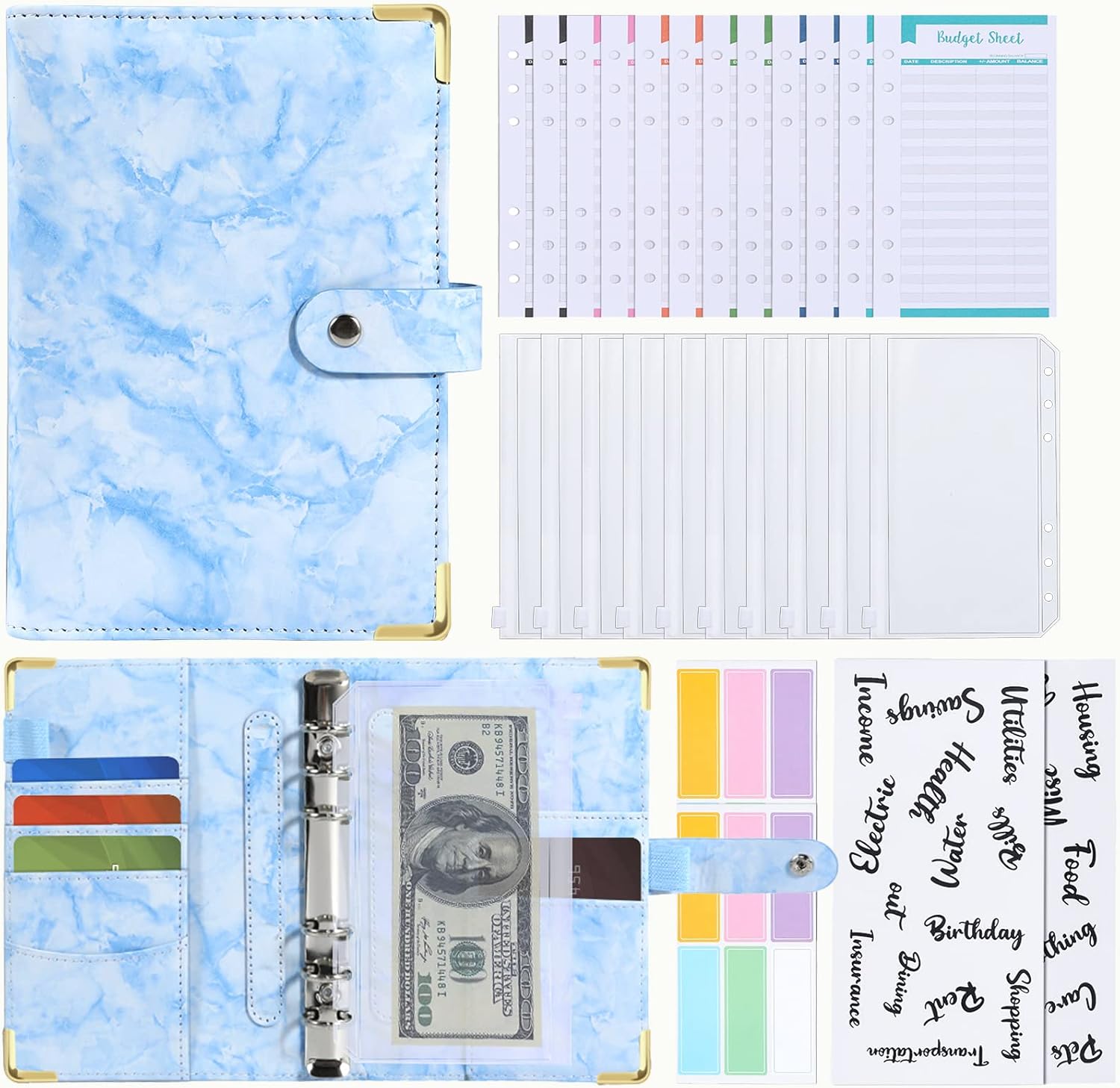 NJNRR A6 PU Leather Budget Binder, Money Organizer for Cash with 10Pcs Cash Envelopes, 12Pcs Expense Budget Sheets, 29 Categories Letter Label Stickers and 12Pcs Blank Label Stickers