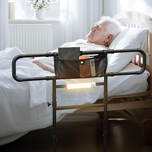 Rieles de cama para adultos mayores, altura ajustable y riel lateral de cama extensible con pierna, bolsillo de almacenamiento, luz con sensor de