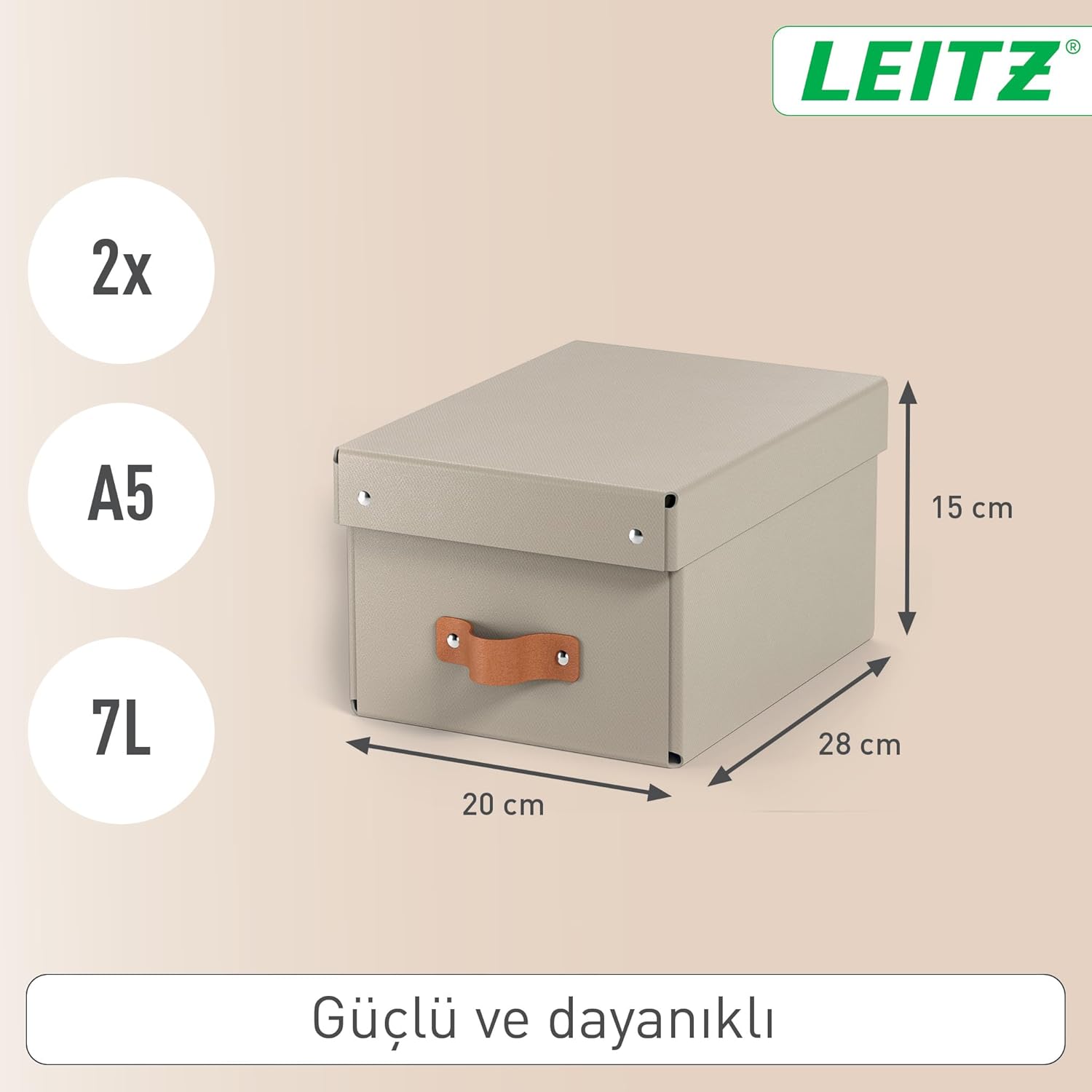 Leitz Puro Small Storage Box with Lid – Set of 2 Durable Storage Boxes, Compatible with Cube Units & Shelves, 7L Stackable Organiser, Suitable for Home & Office (20 x 28 x 15 cm, Sand Beige)