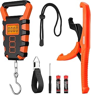 ORIA Digital Fish Scale with Ruler and Fish Gripper, 110lb/50kg Portable Hanging Scale Fishing Scale, Baggage Weighing Scale, Backlit LCD Display (Orange)