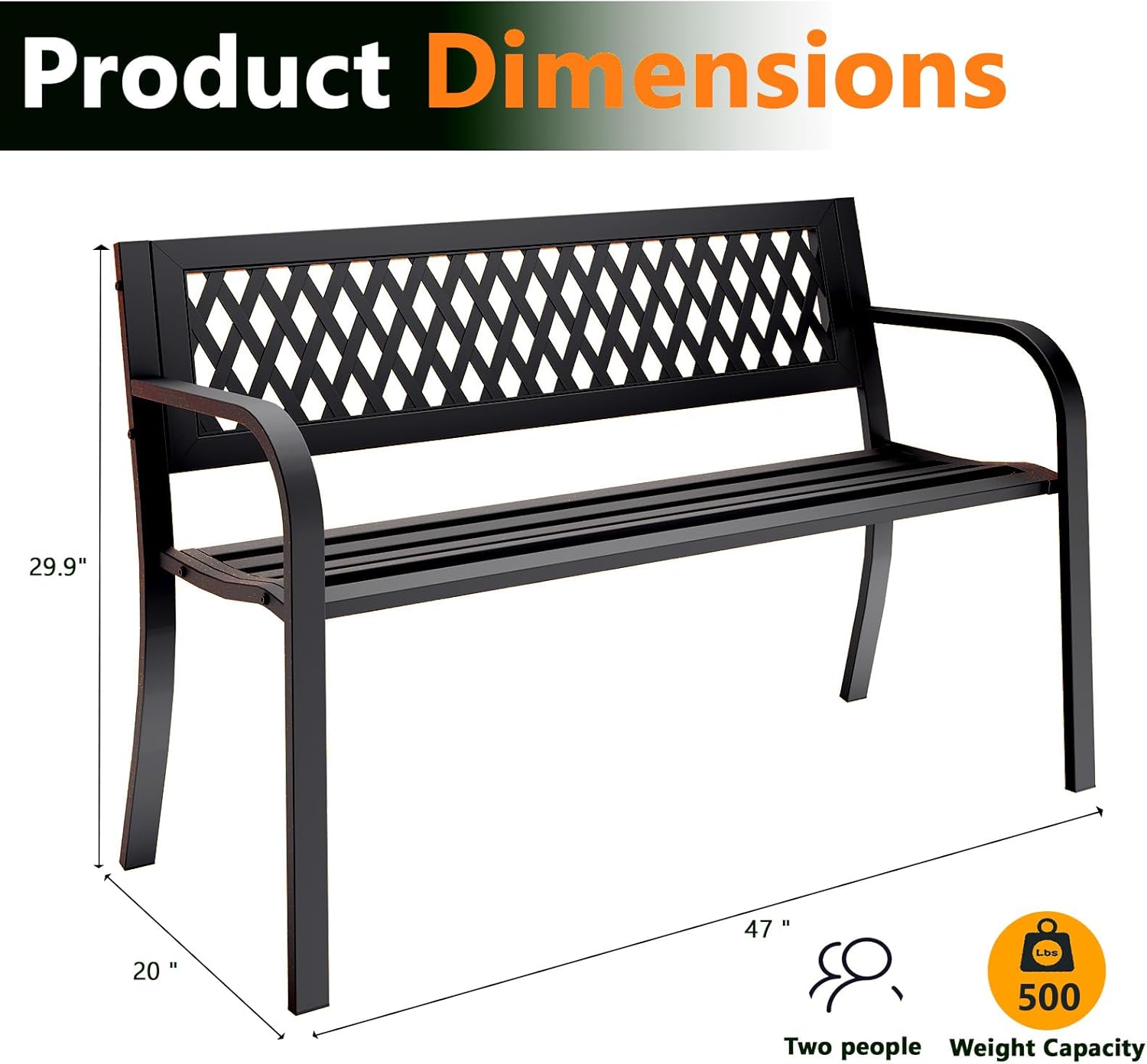 Outdoor Bench, Garden Patio Park Entryway Metal Bench with Comfortable Backrest, Sturdy Heavy Duty Loveseat Front Porch Backyard Lawn Furniture for Outside