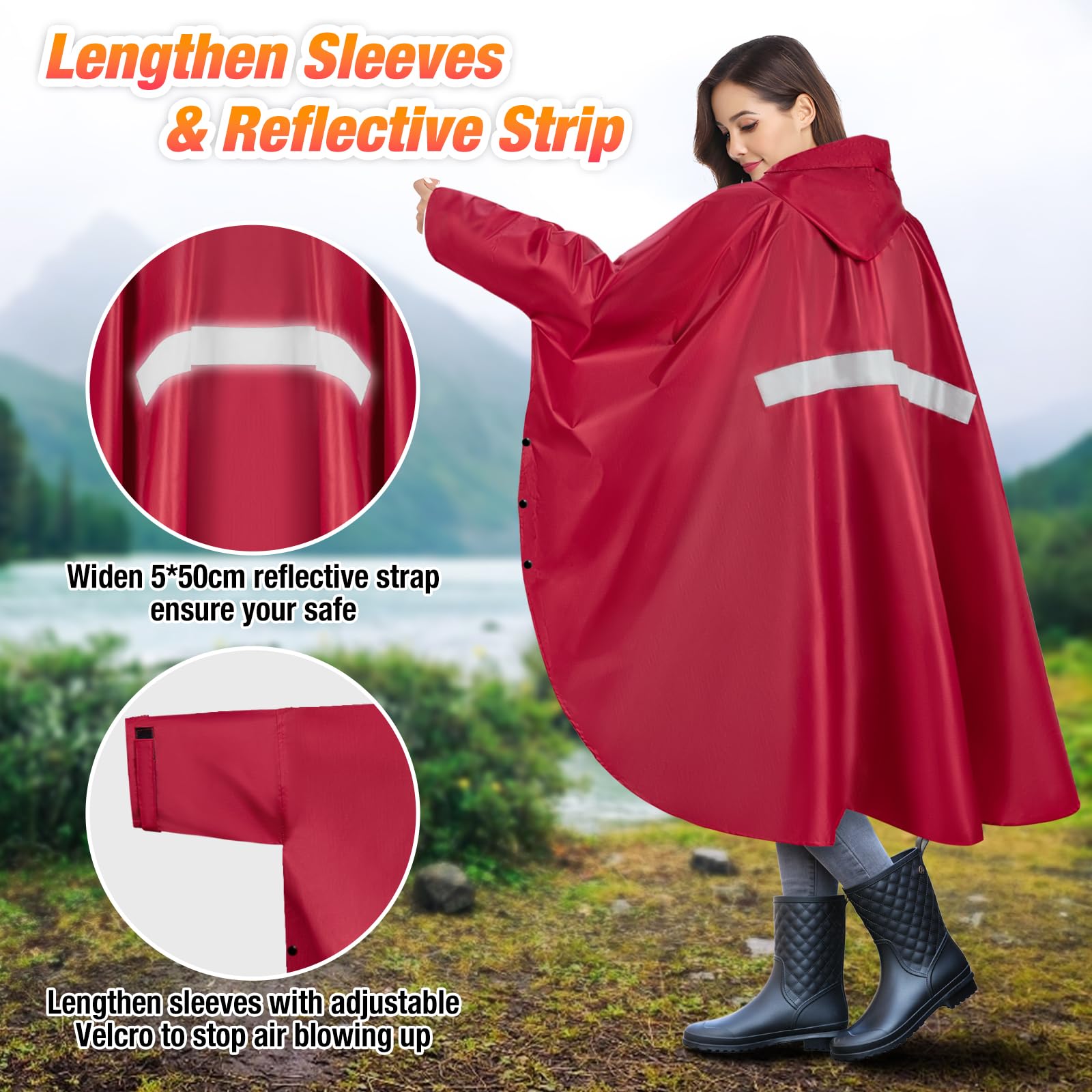 Poncho de pluie imperméable - Fermeture éclair - Capuche et manches - Veste de pluie longue - Randonnée, camping, extérieur