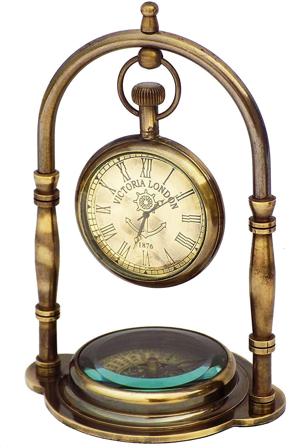 Reloj de escritorio de latón decorativo y brújula náutica victoriana RK para coleccionistas