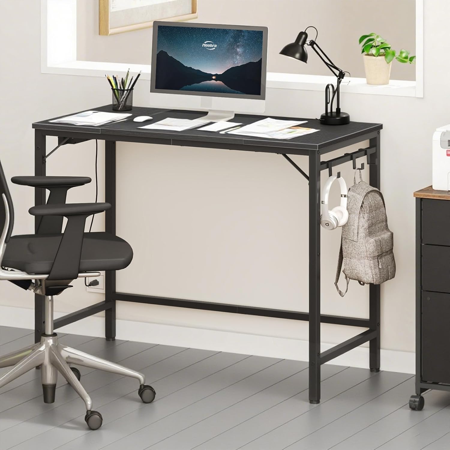 HOOBRO Computer Desk, Home Office Desk with Power Outlet, Modern Study Writing Desk with 3 Hooks for Study Room, Home Office, Sturdy and Stable, Easy to Assemble, Black BB40UDN01 - Image 2