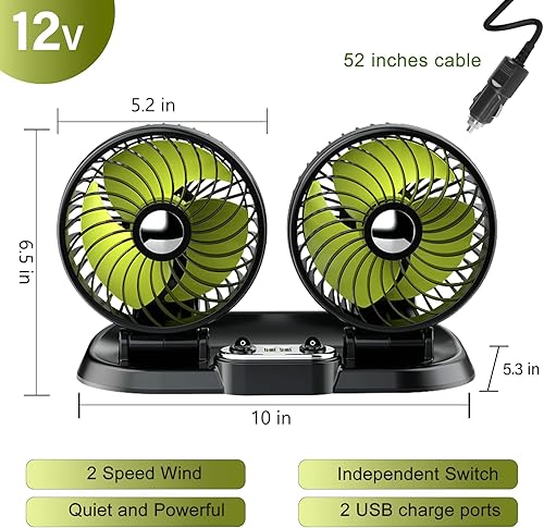 Miniatura 6 de Ventilador de 12 V para automóvil, ventilador de encendedor de cigarrillos de viaje con 2 puertos USB, ventilador de 12 voltios 180  hacia arriba