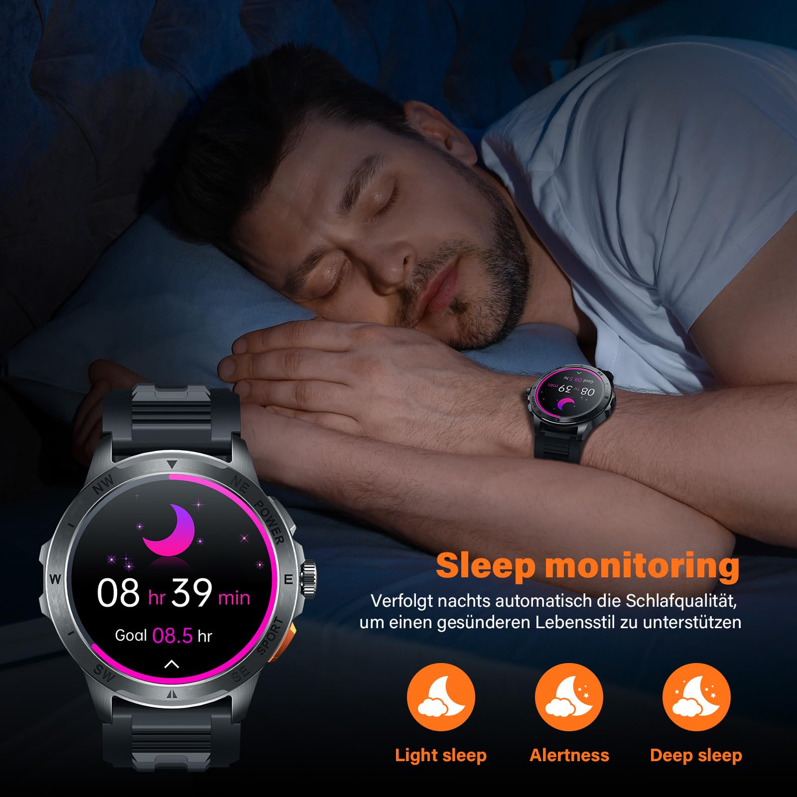 Smartwatch Uomo con ET/HRV/SIRI, 1,43" AMOLED con Chiamate Bluetooth Militare Orologio Intelligente Fitness/24H Cardiofrequenzimetro SPO2/100+ Modalità Sport/IP68Impermeabile /Sonno/per iOS Android