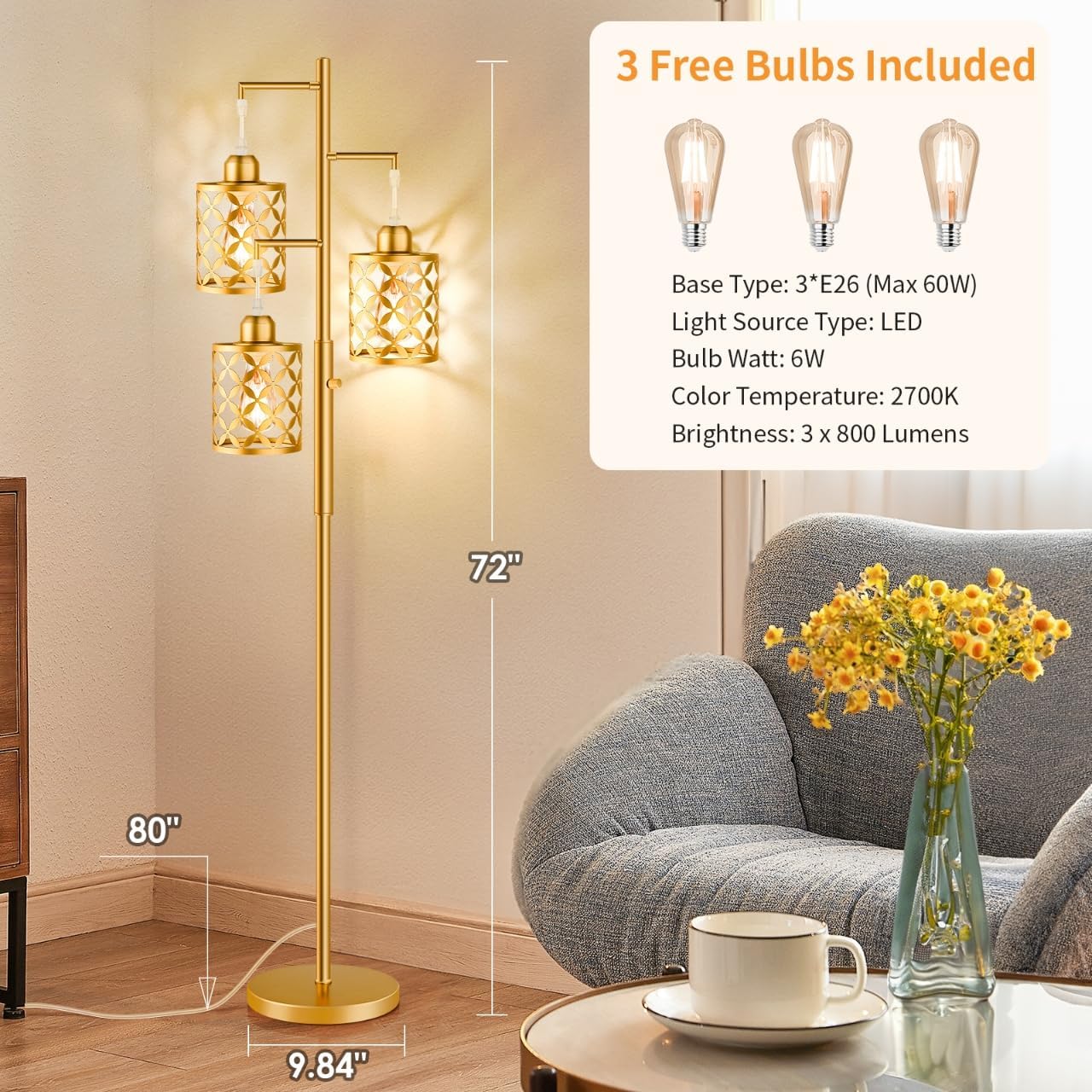 Dimmable Floor Lamp, Farmhouse Standing Lamp with Elegant Metal Cage, Industrial Tall Tree Floor Lamps for Living Room, Bedroom, Study Room, Office, 3 x 800LM LED Bulbs Included, 72", Gold