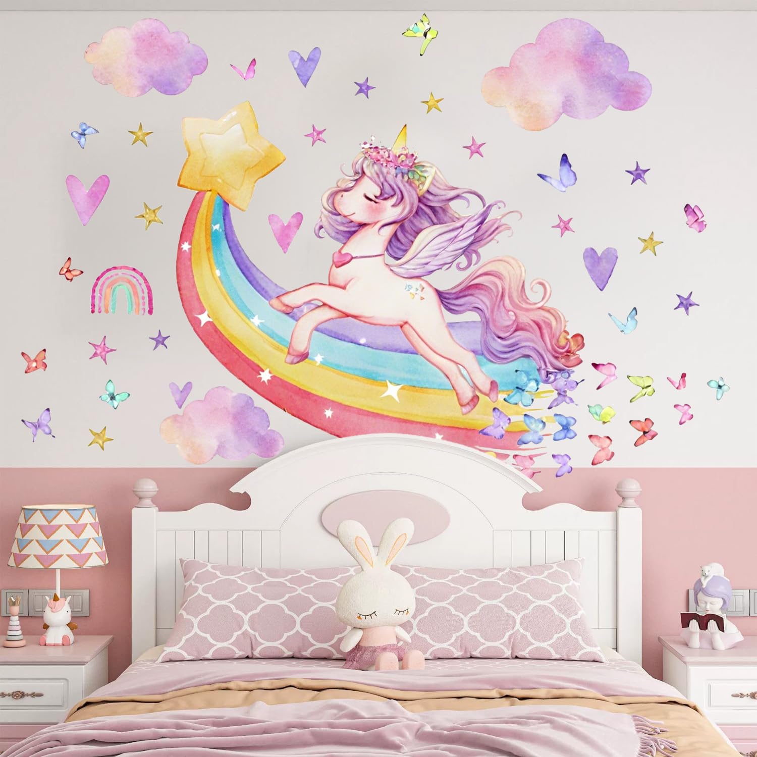 MagiMural Colorful Rainbow Unicorn Wall Stickers, Star Butterfly Cloud Peel and Stick Wall Decals, Baby Room Nursery Kids Bedroom Art Wall Decor